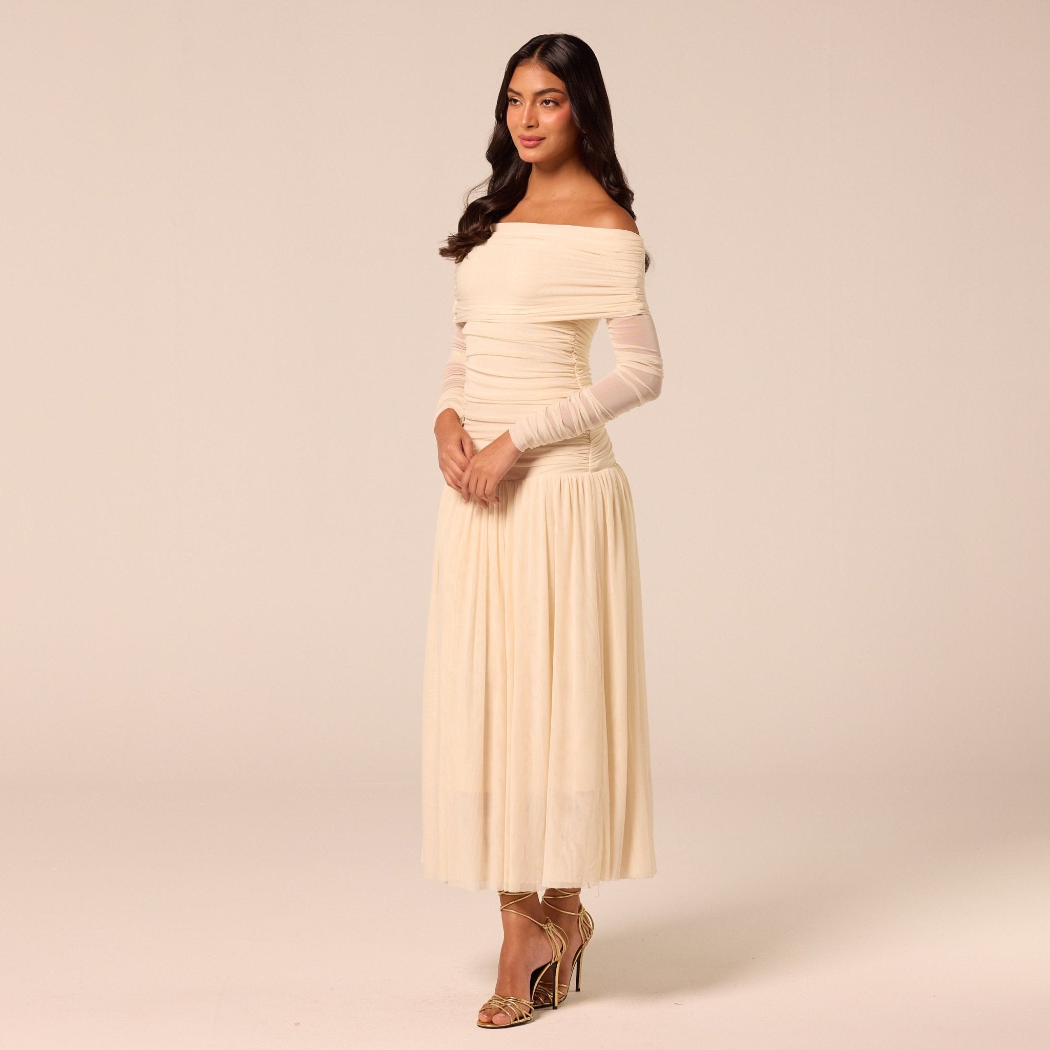 Ivory Off-Shoulder Ruched Tulle Dress - shopaleena
