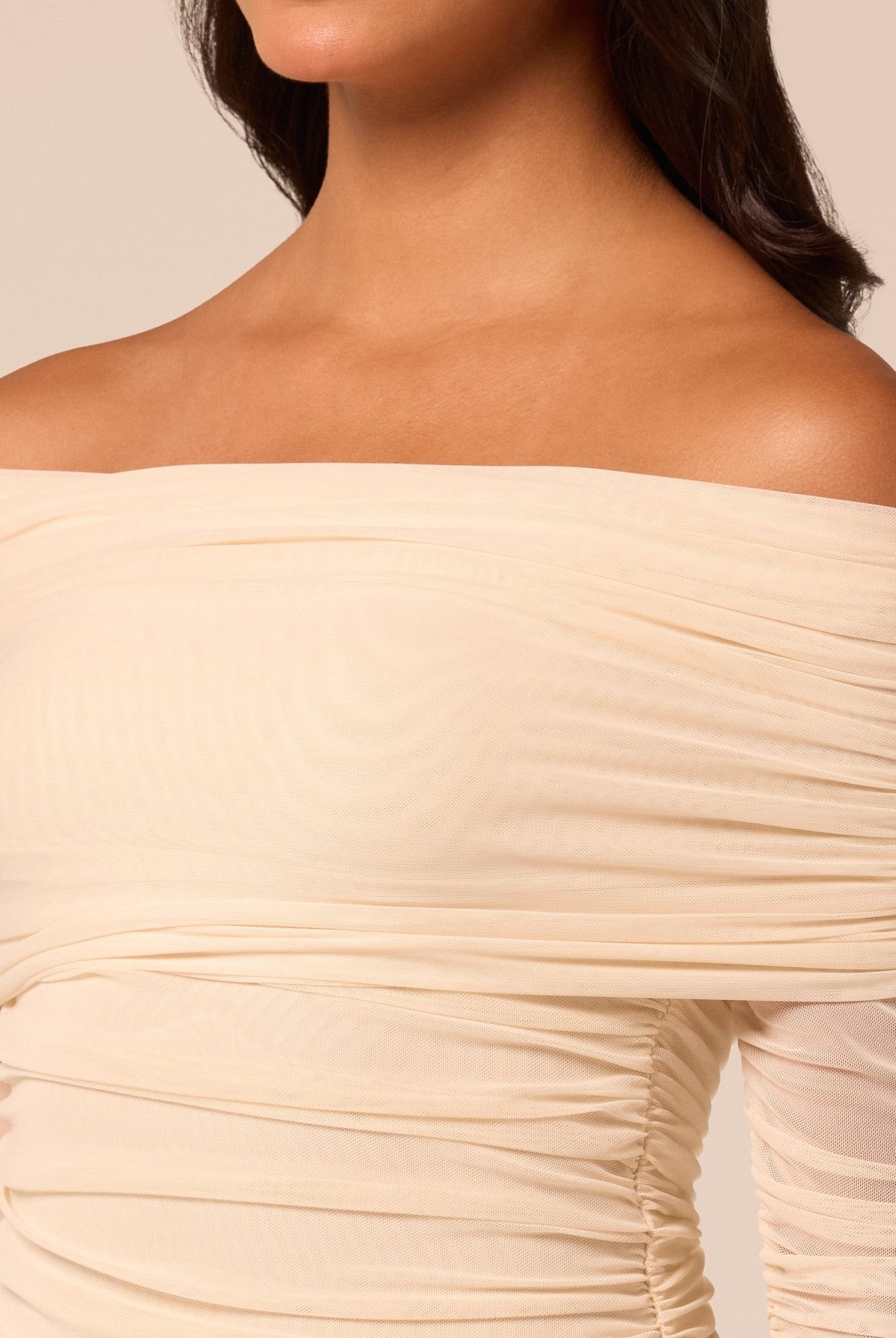 Ivory Off-Shoulder Ruched Tulle Dress - shopaleena