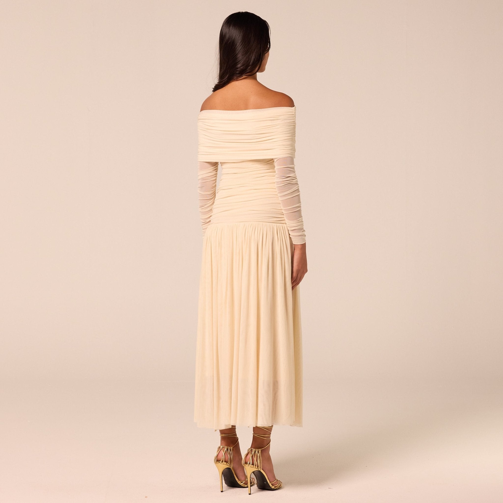 Ivory Off-Shoulder Ruched Tulle Dress - shopaleena