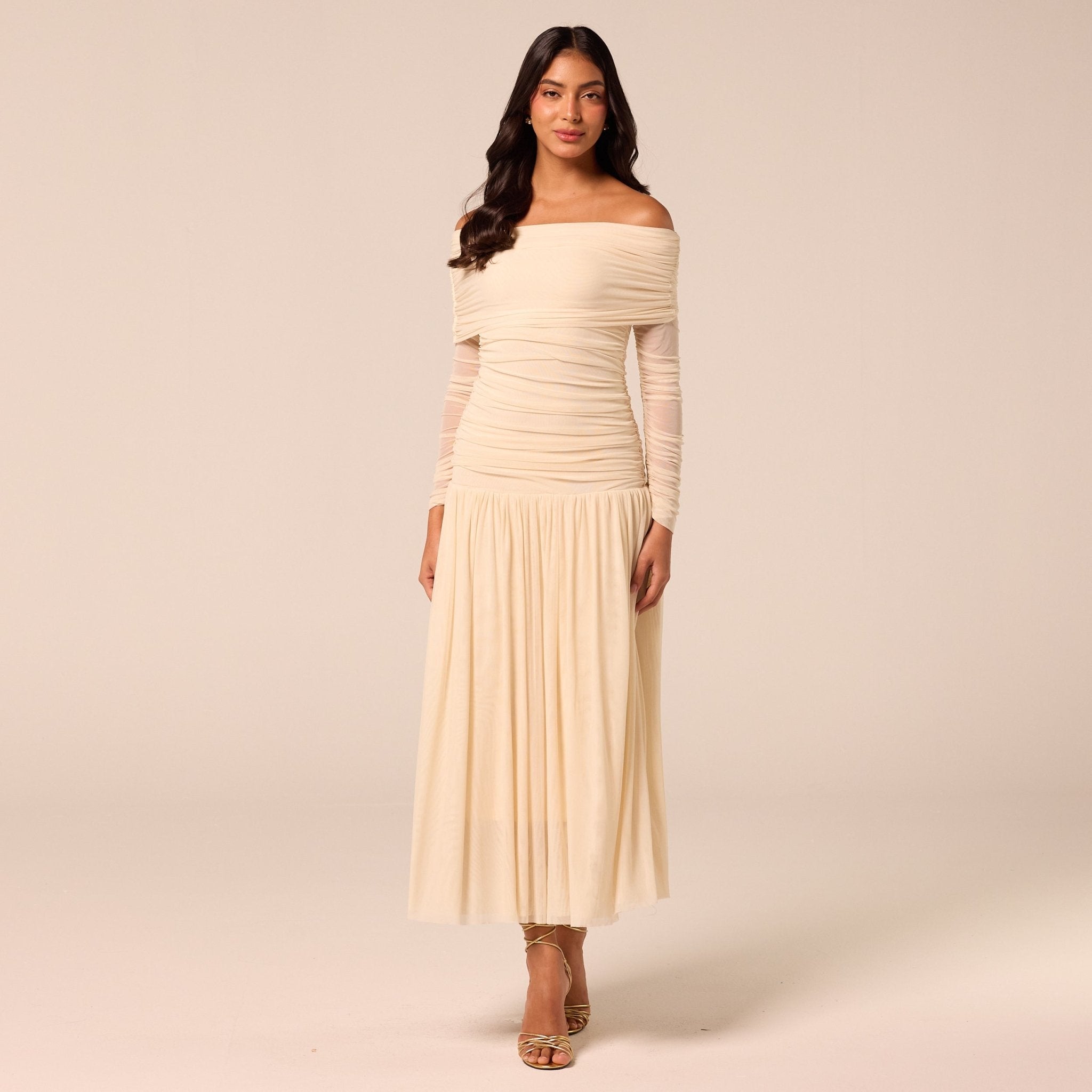 Ivory Off-Shoulder Ruched Tulle Dress - shopaleena