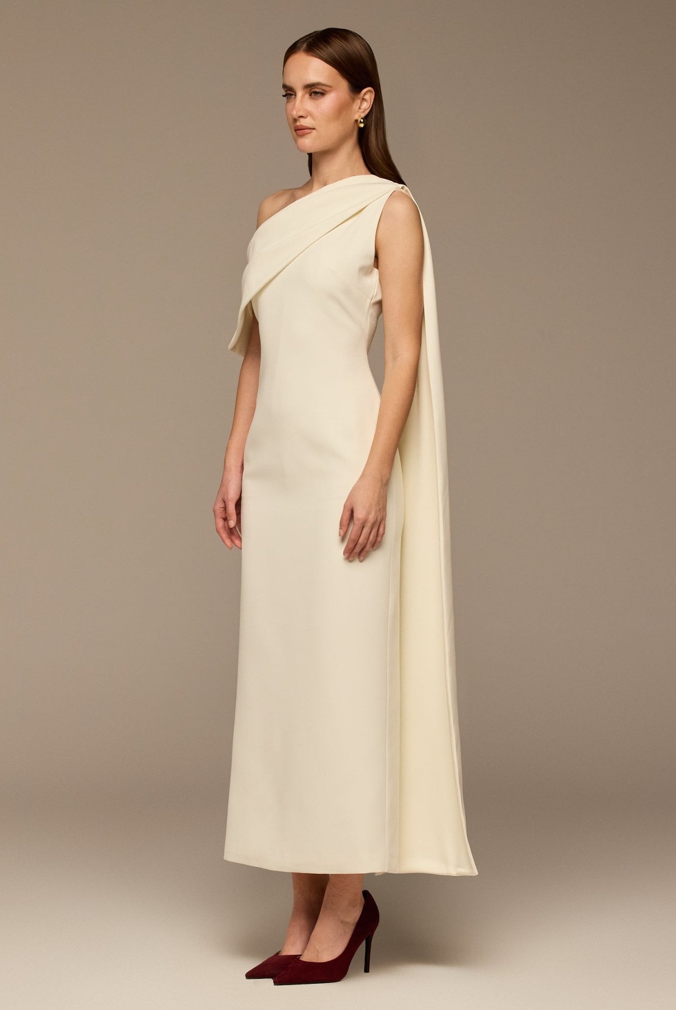 Ivory One - Shoulder Crepe and Satin Dress - shopaleena
