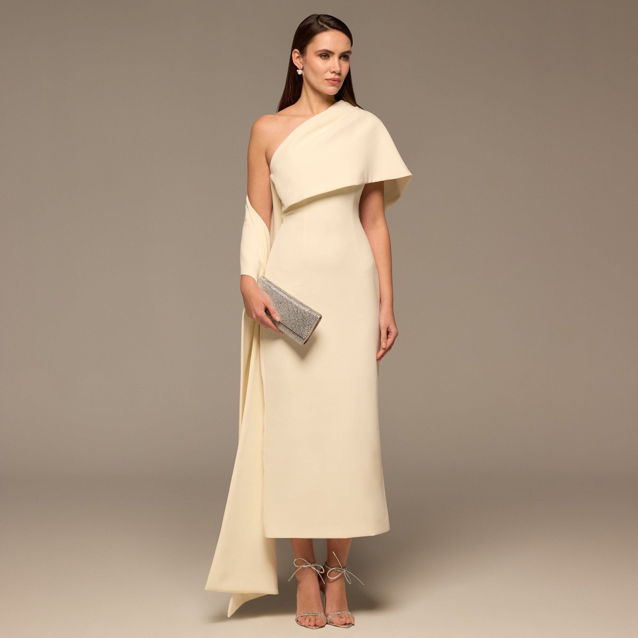 Ivory One Shoulder Draped Crepe Dress - shopaleena