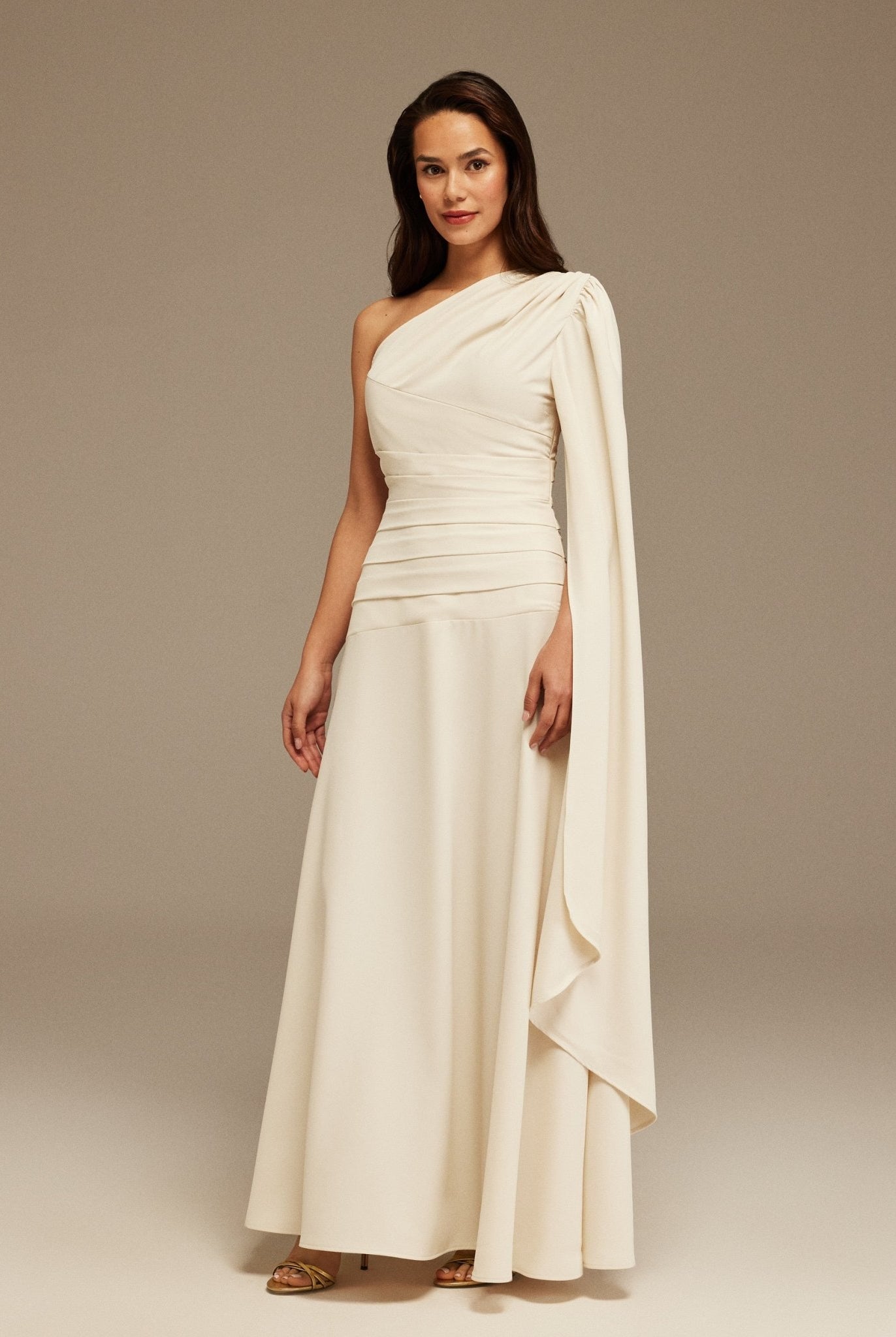 Ivory One Shoulder Sleeveless Crepe Dress - shopaleena