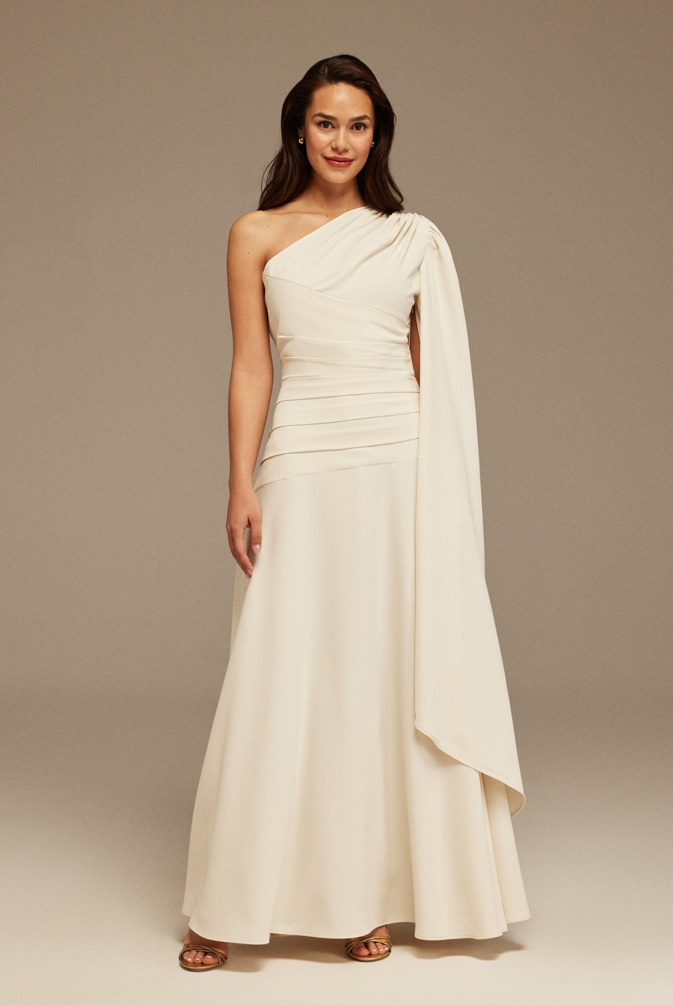 Ivory One Shoulder Sleeveless Crepe Dress - shopaleena