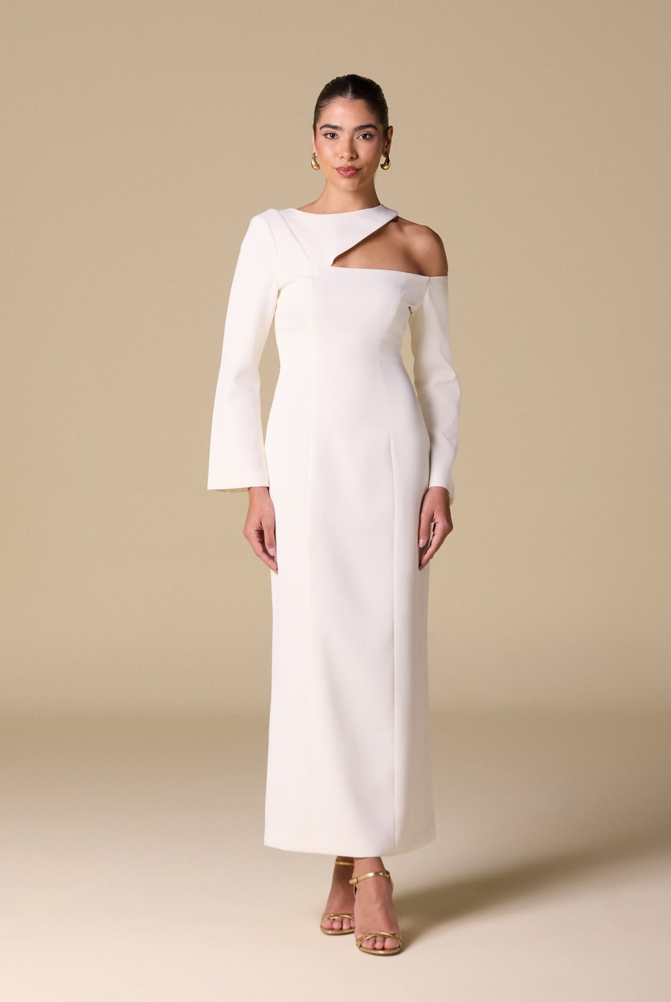 Ivory Open Shoulder Maxi Dress - shopaleena