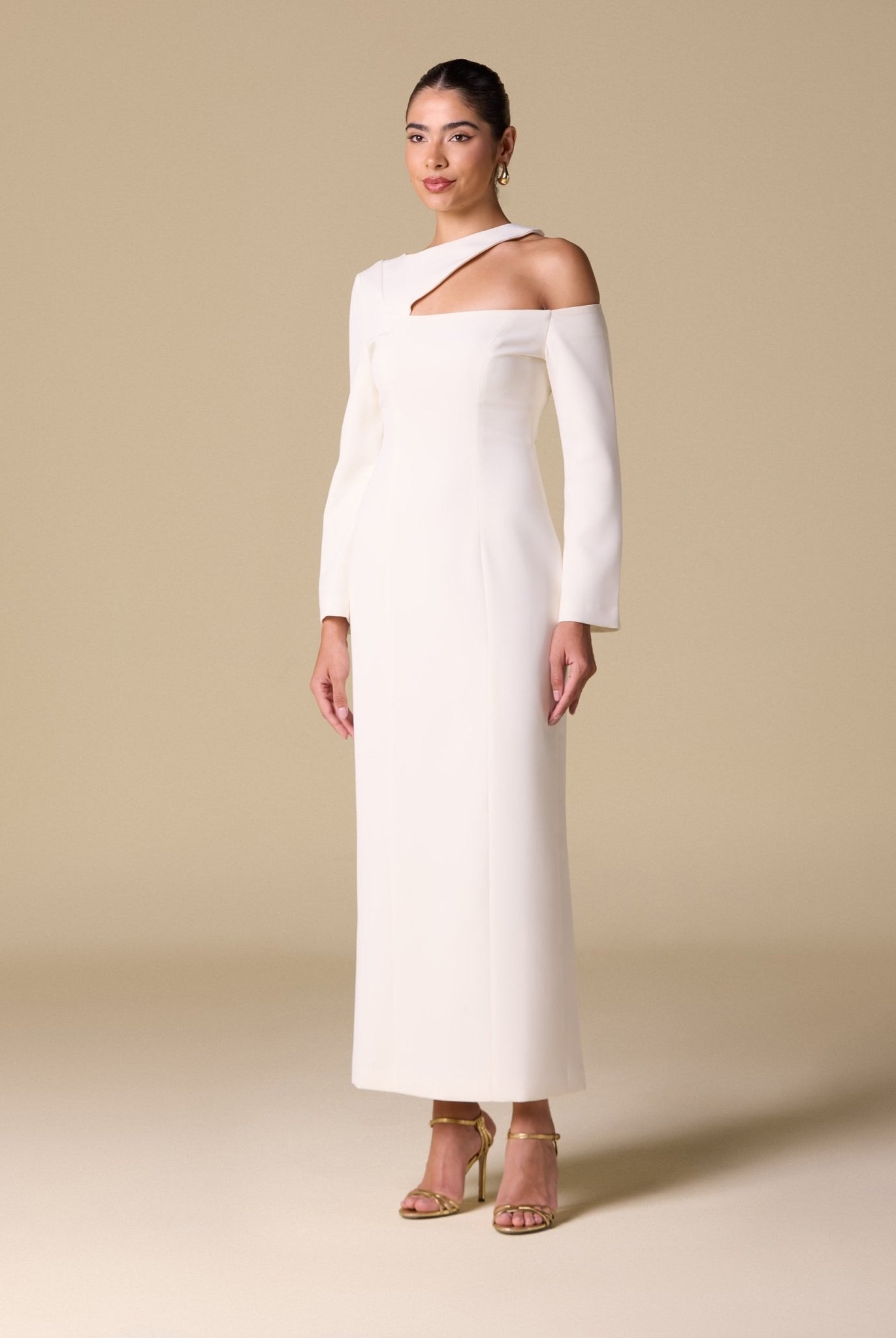 Ivory Open Shoulder Maxi Dress - shopaleena