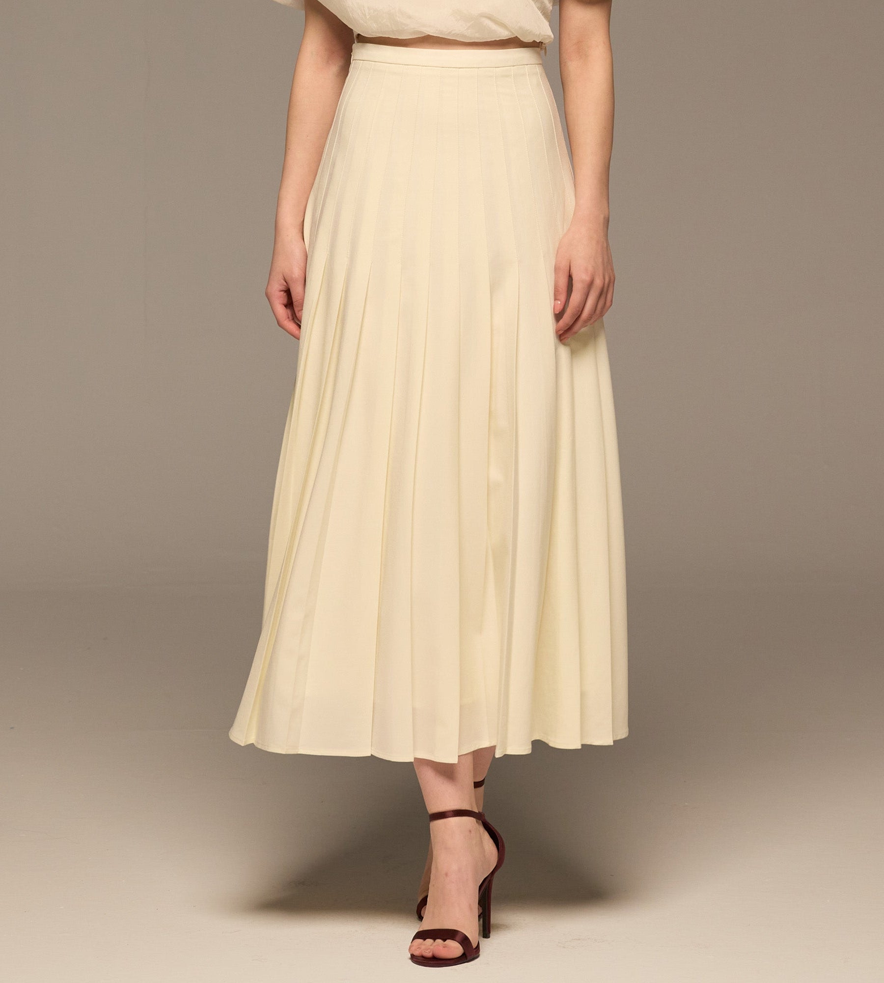Ivory Pleated A Line Crepe Skirt - shopaleena