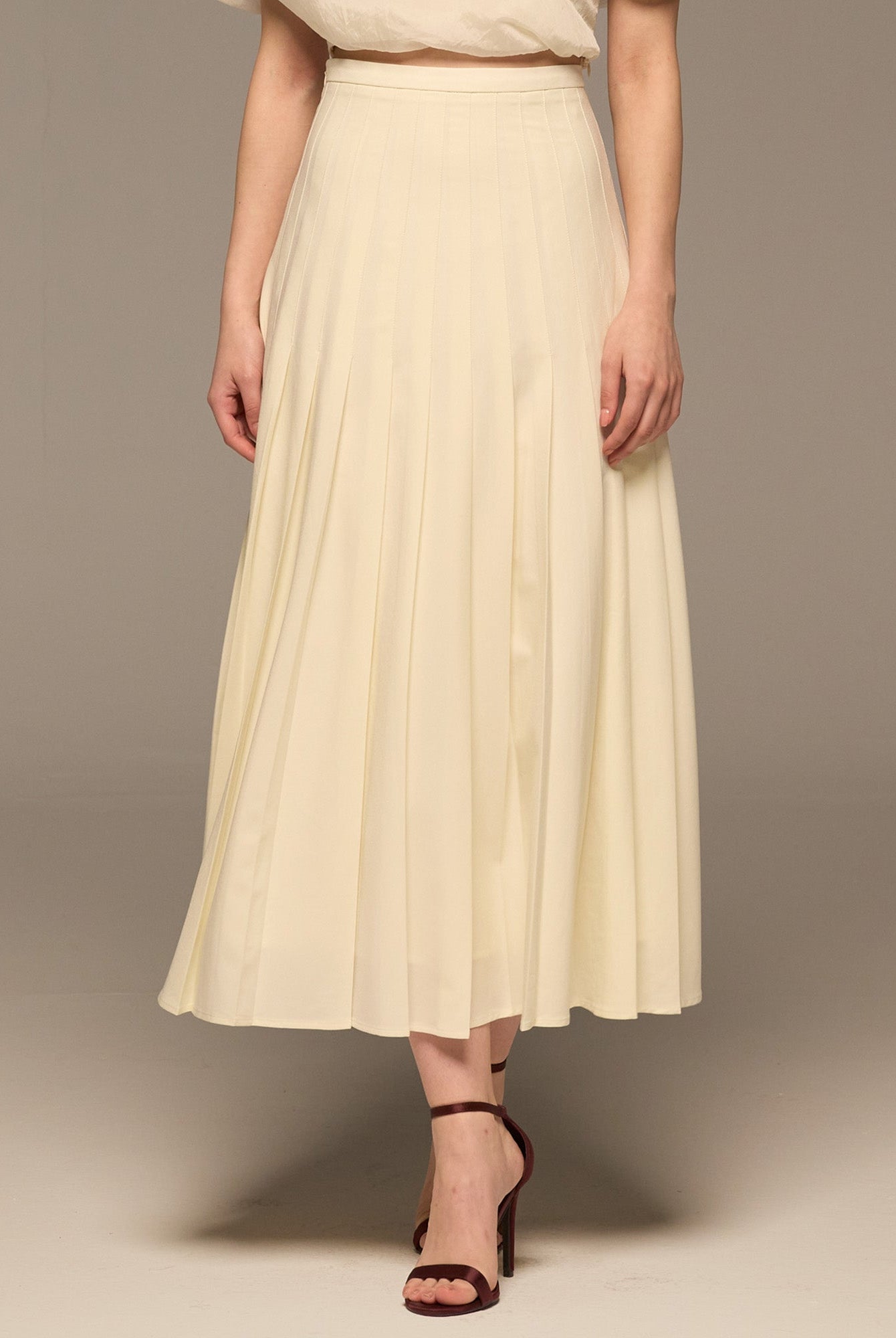 Ivory Pleated A Line Crepe Skirt - shopaleena