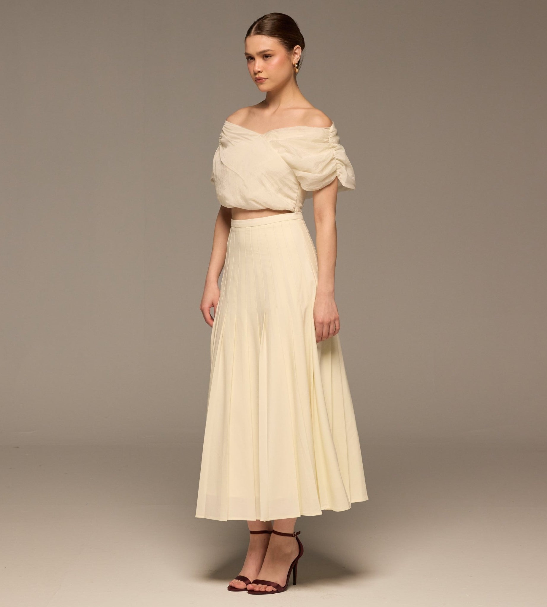 Ivory Pleated A Line Crepe Skirt - shopaleena