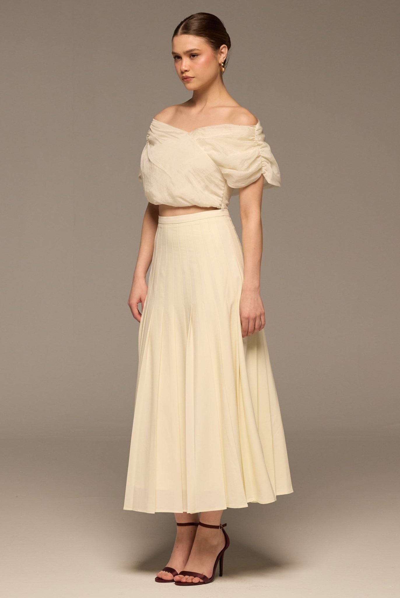 Ivory Pleated A Line Crepe Skirt - shopaleena