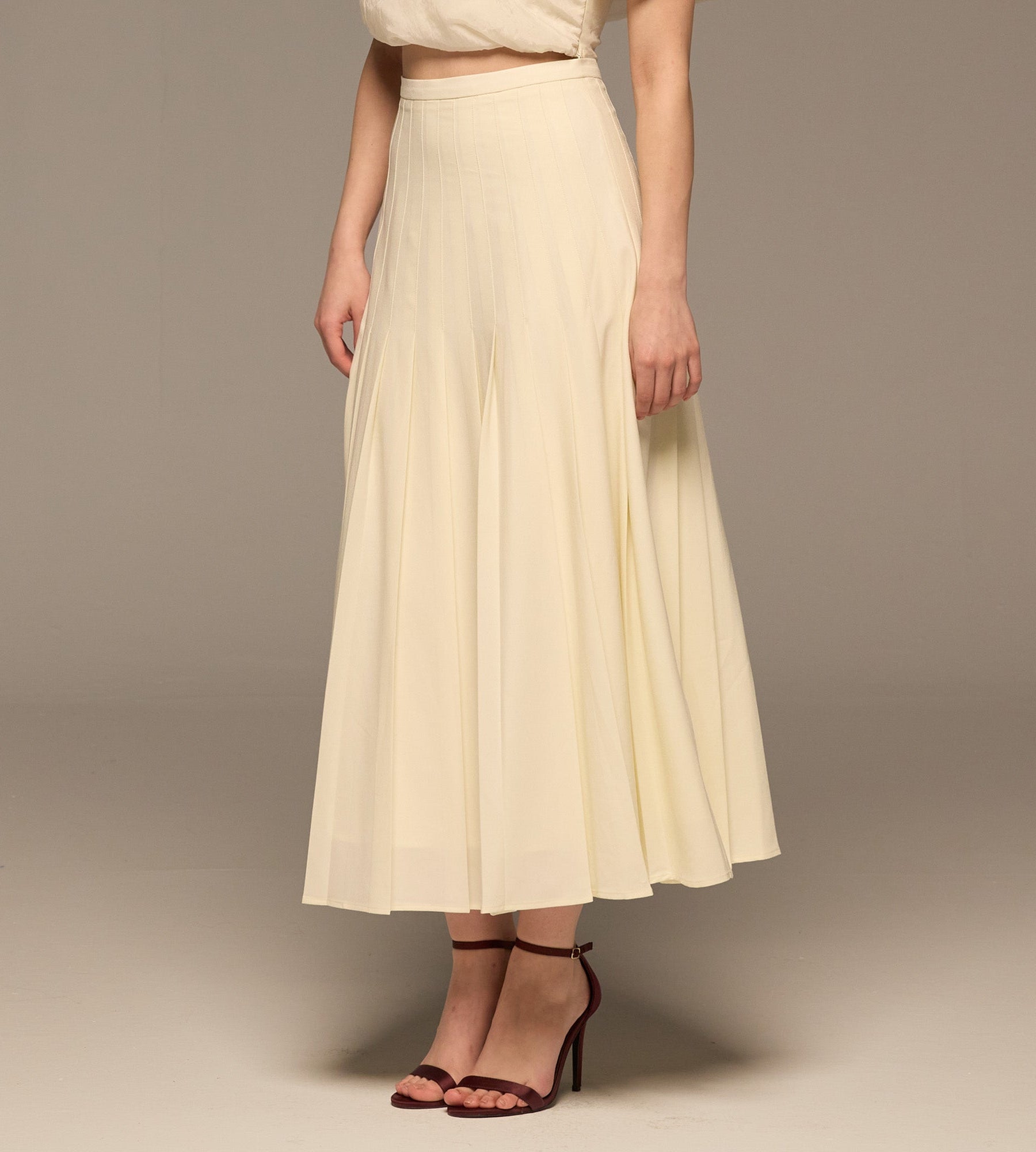 Ivory Pleated A Line Crepe Skirt - shopaleena