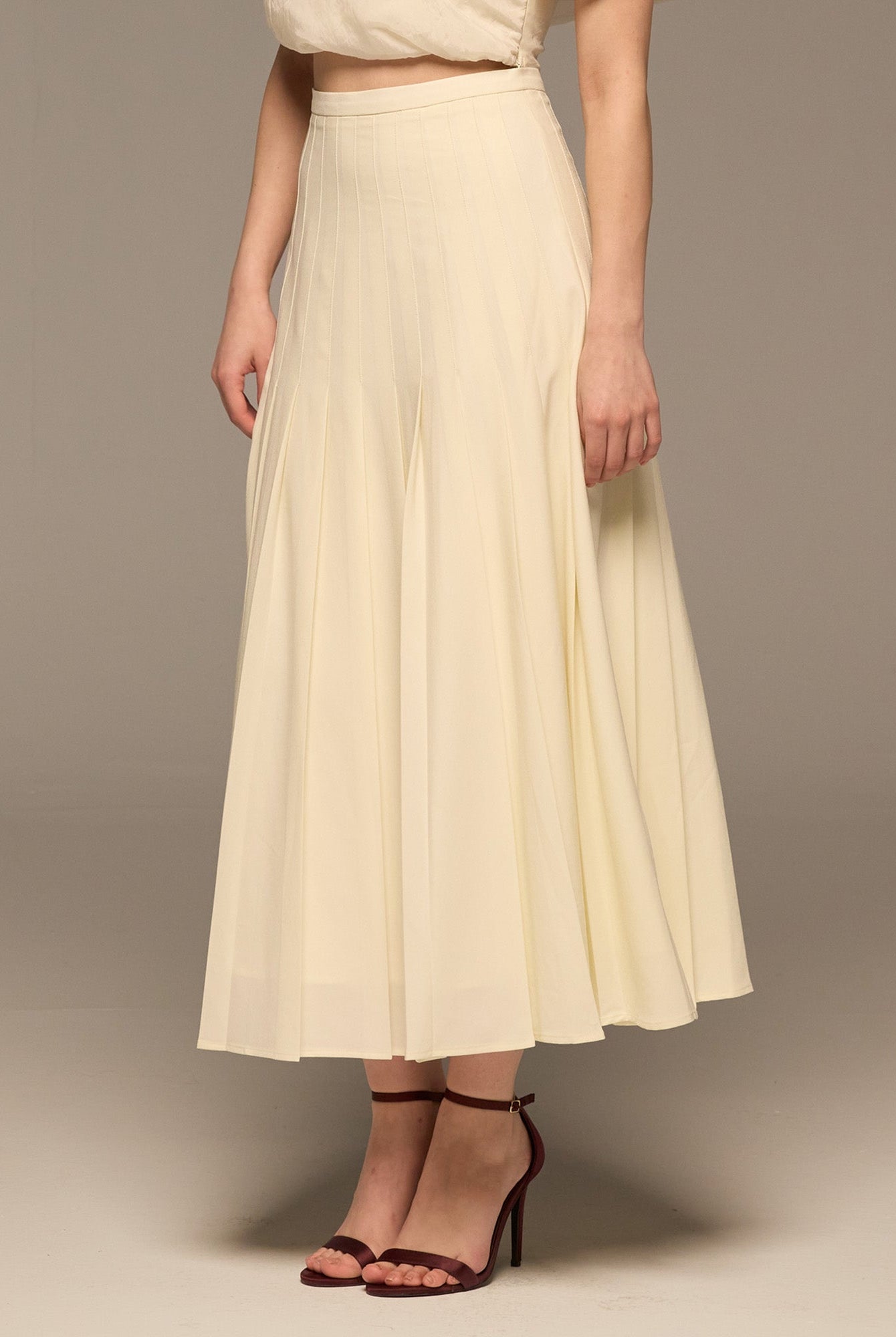 Ivory Pleated A Line Crepe Skirt - shopaleena
