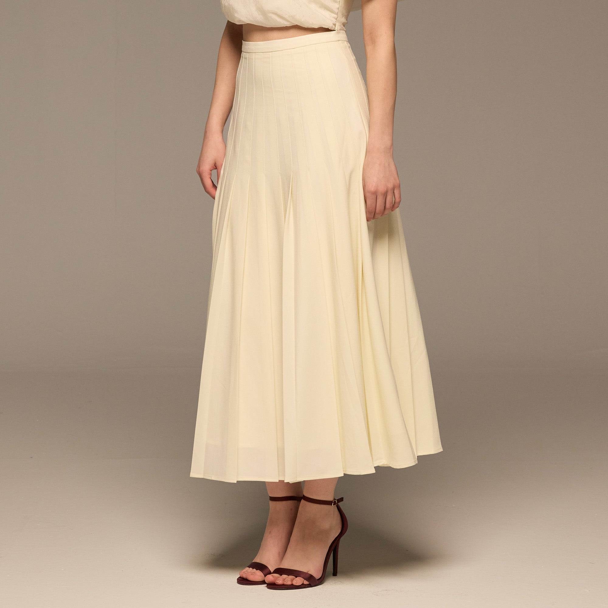 Ivory Pleated A Line Crepe Skirt - shopaleena