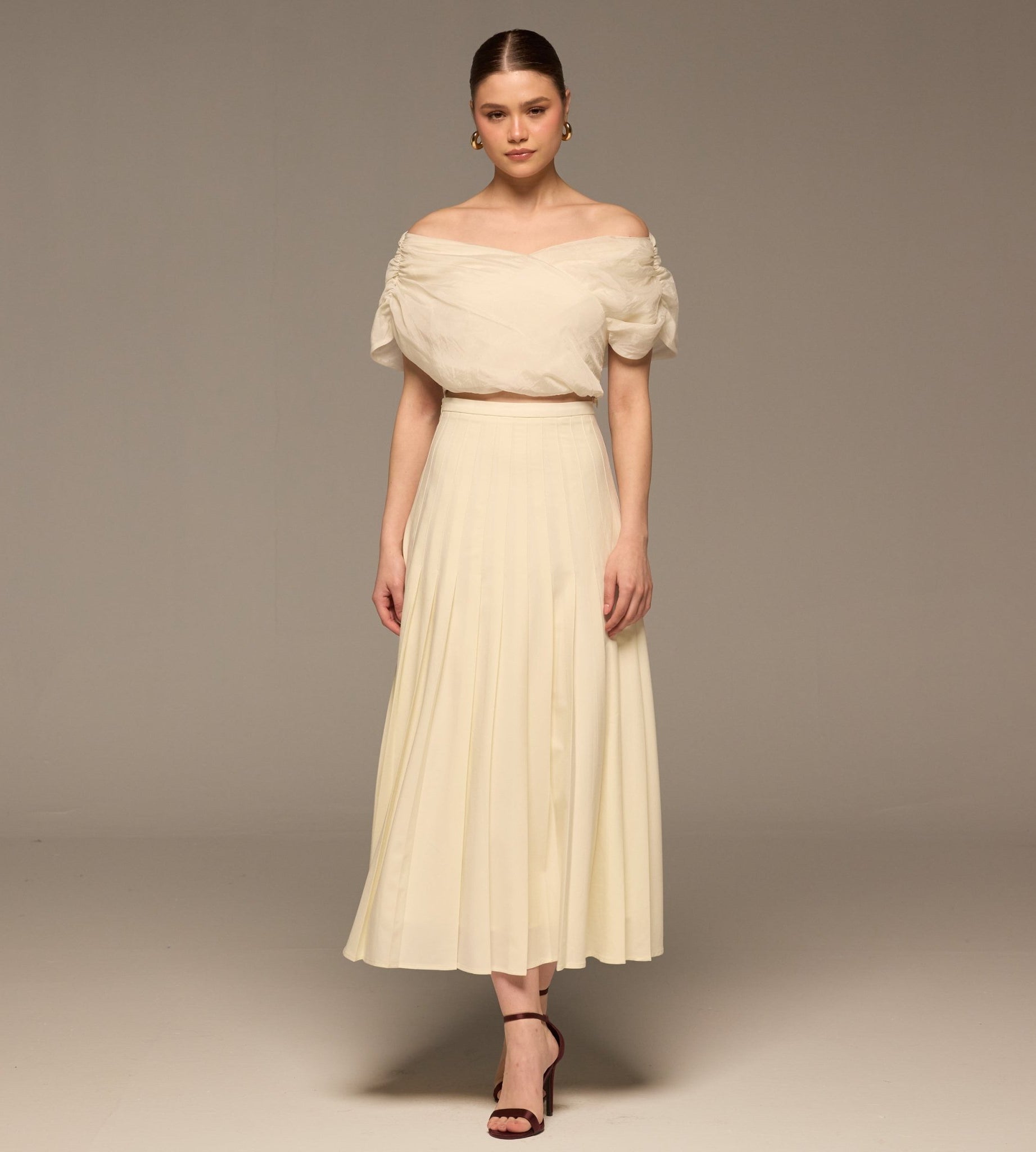 Ivory Pleated A Line Crepe Skirt - shopaleena