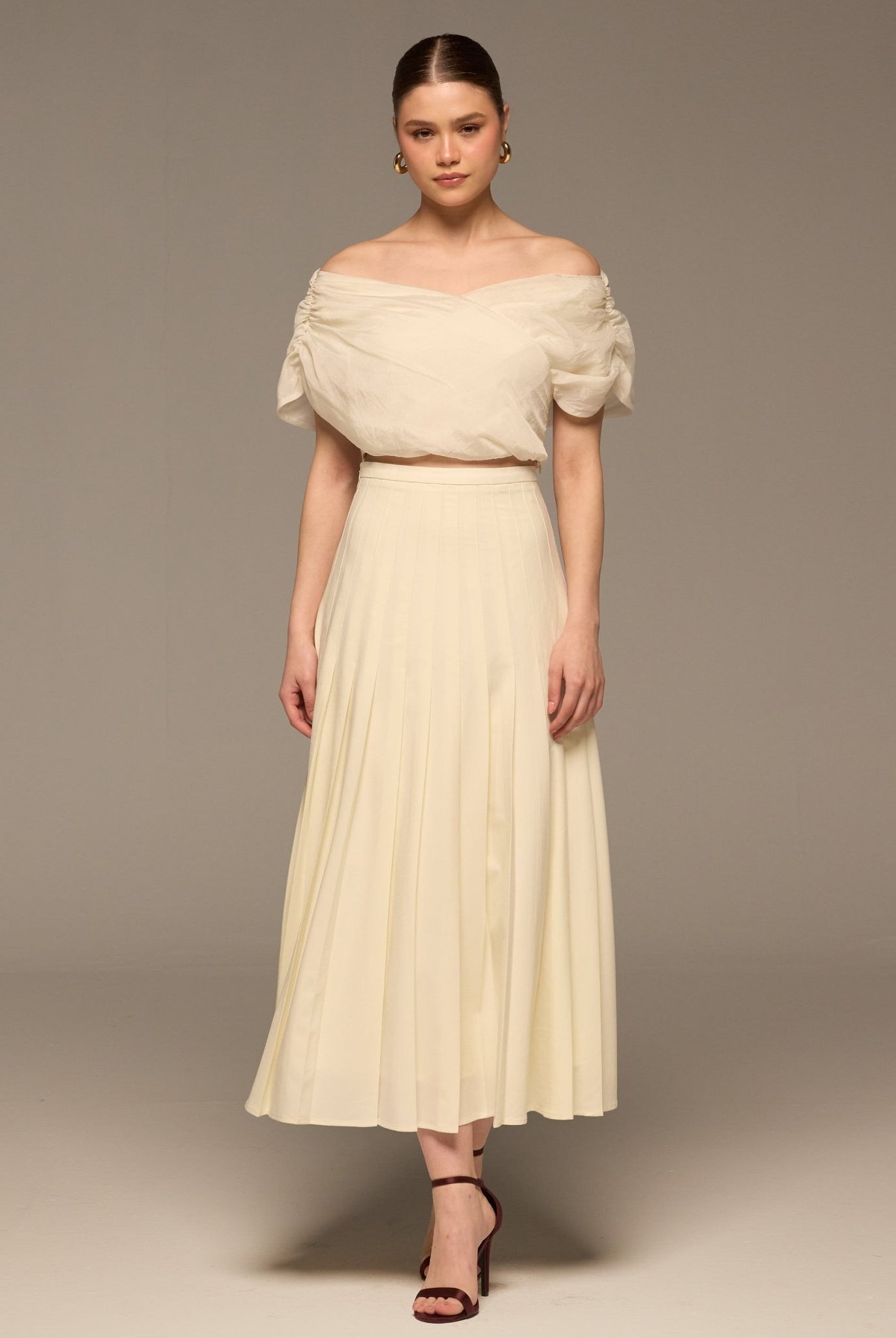 Ivory Pleated A Line Crepe Skirt - shopaleena