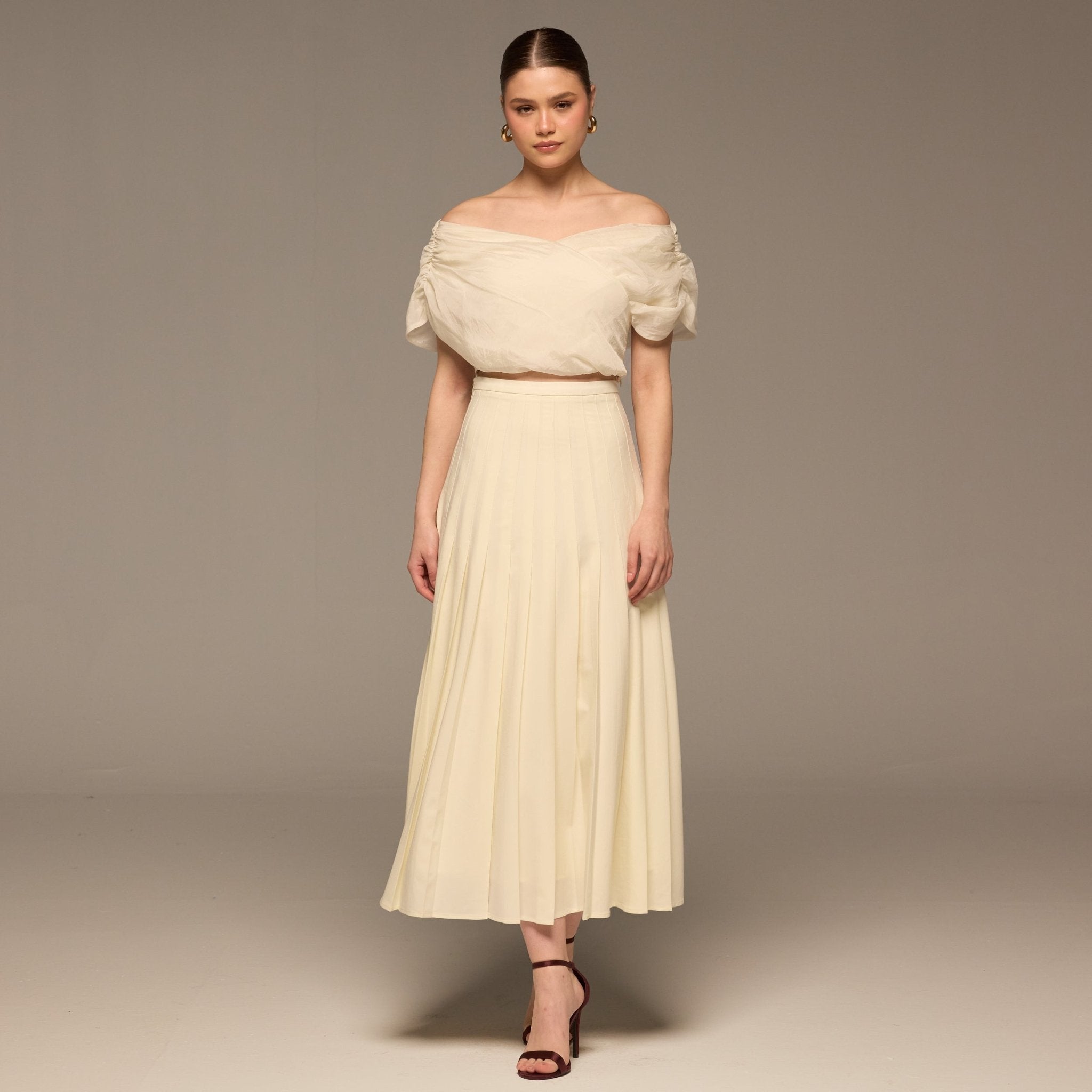 Ivory Pleated A Line Crepe Skirt - shopaleena