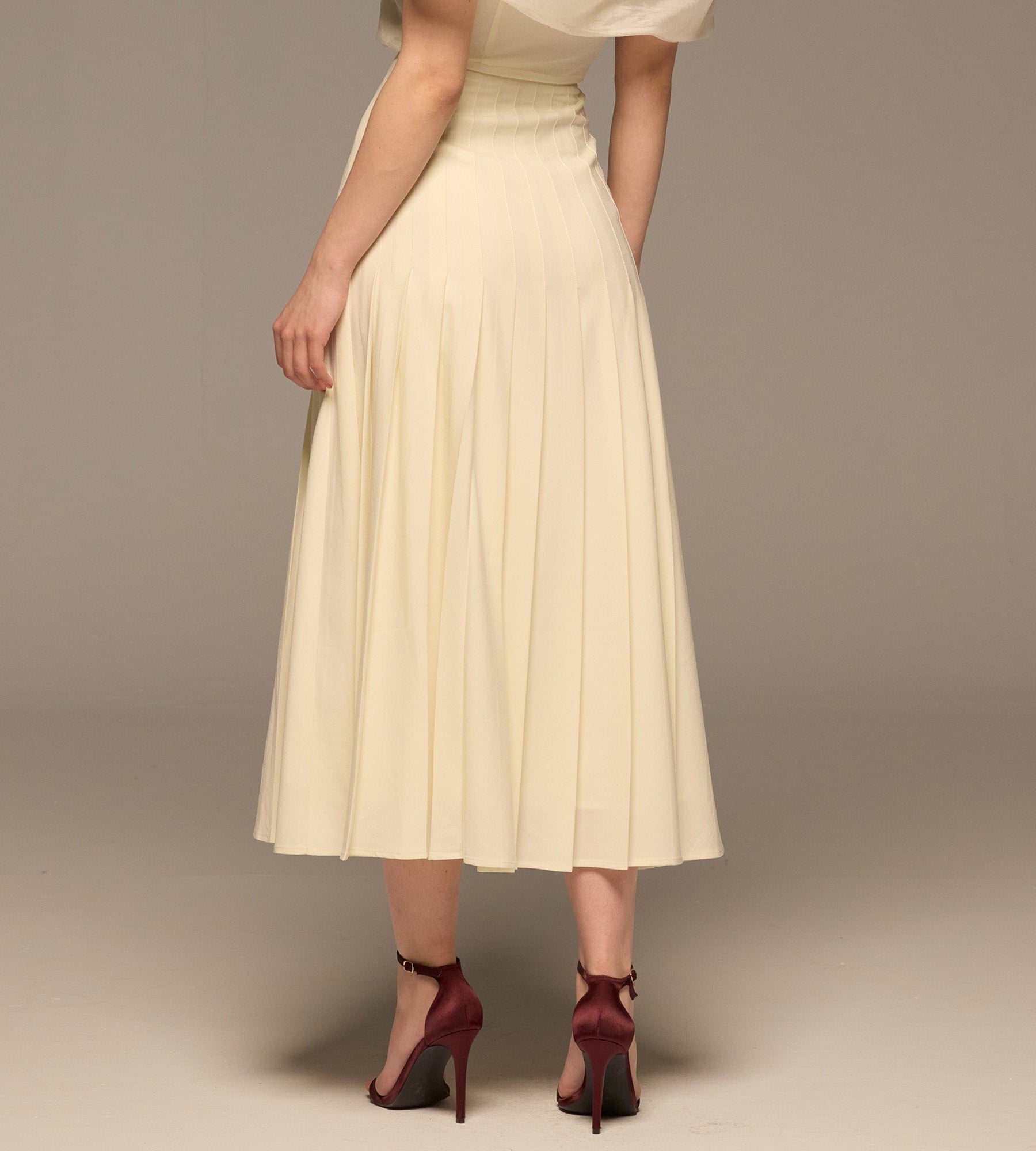 Ivory Pleated A Line Crepe Skirt - shopaleena