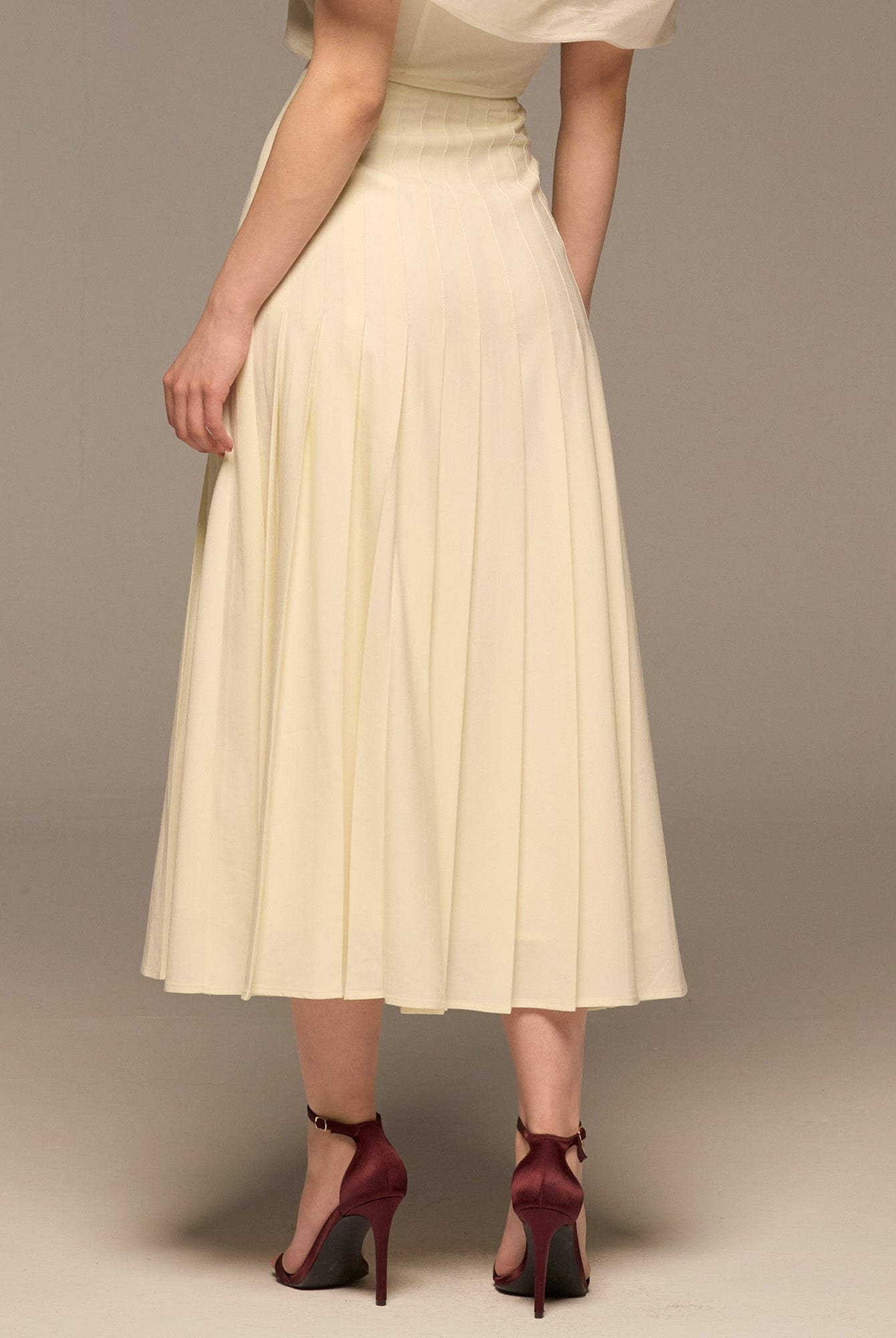 Ivory Pleated A Line Crepe Skirt - shopaleena