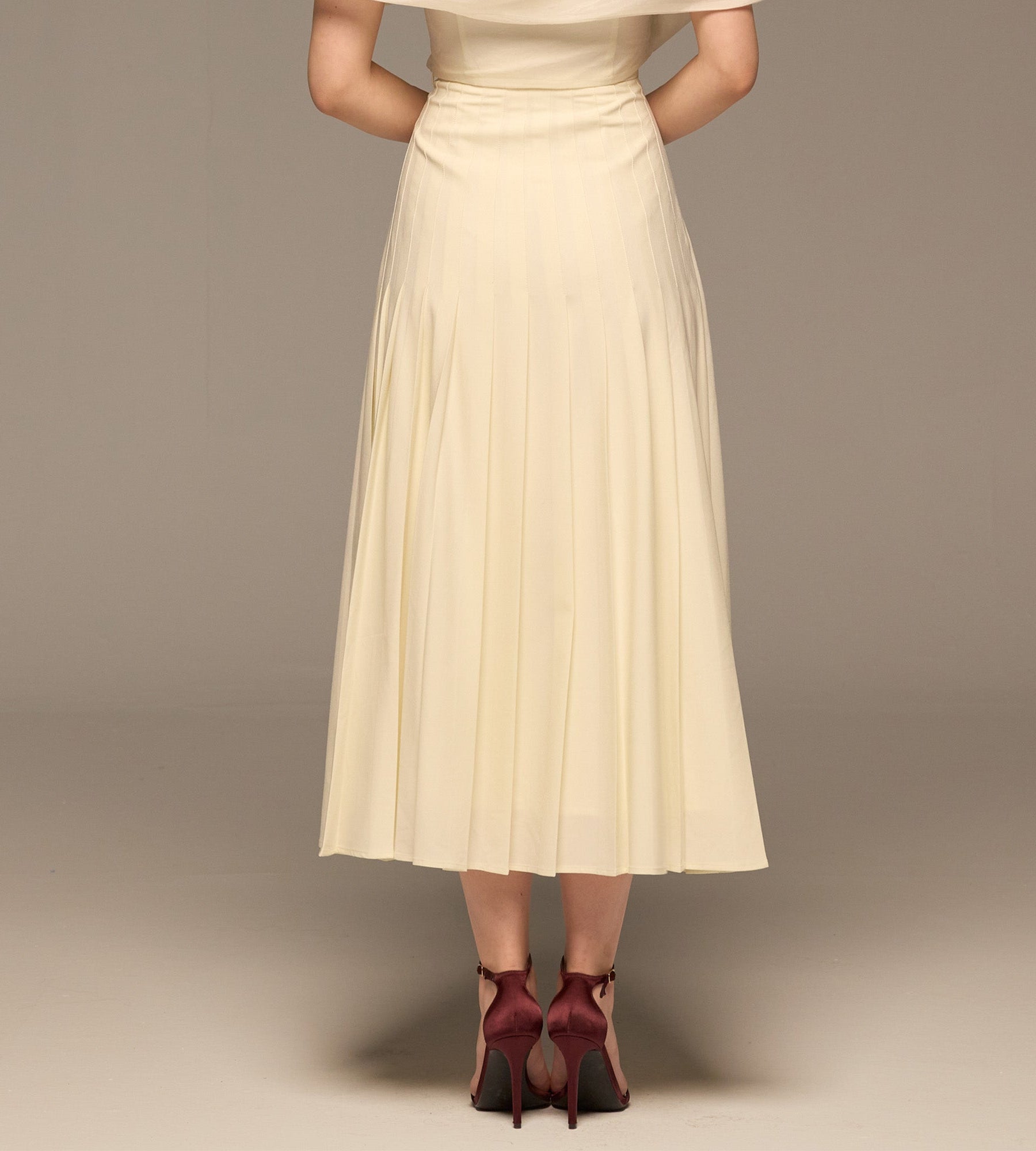 Ivory Pleated A Line Crepe Skirt - shopaleena