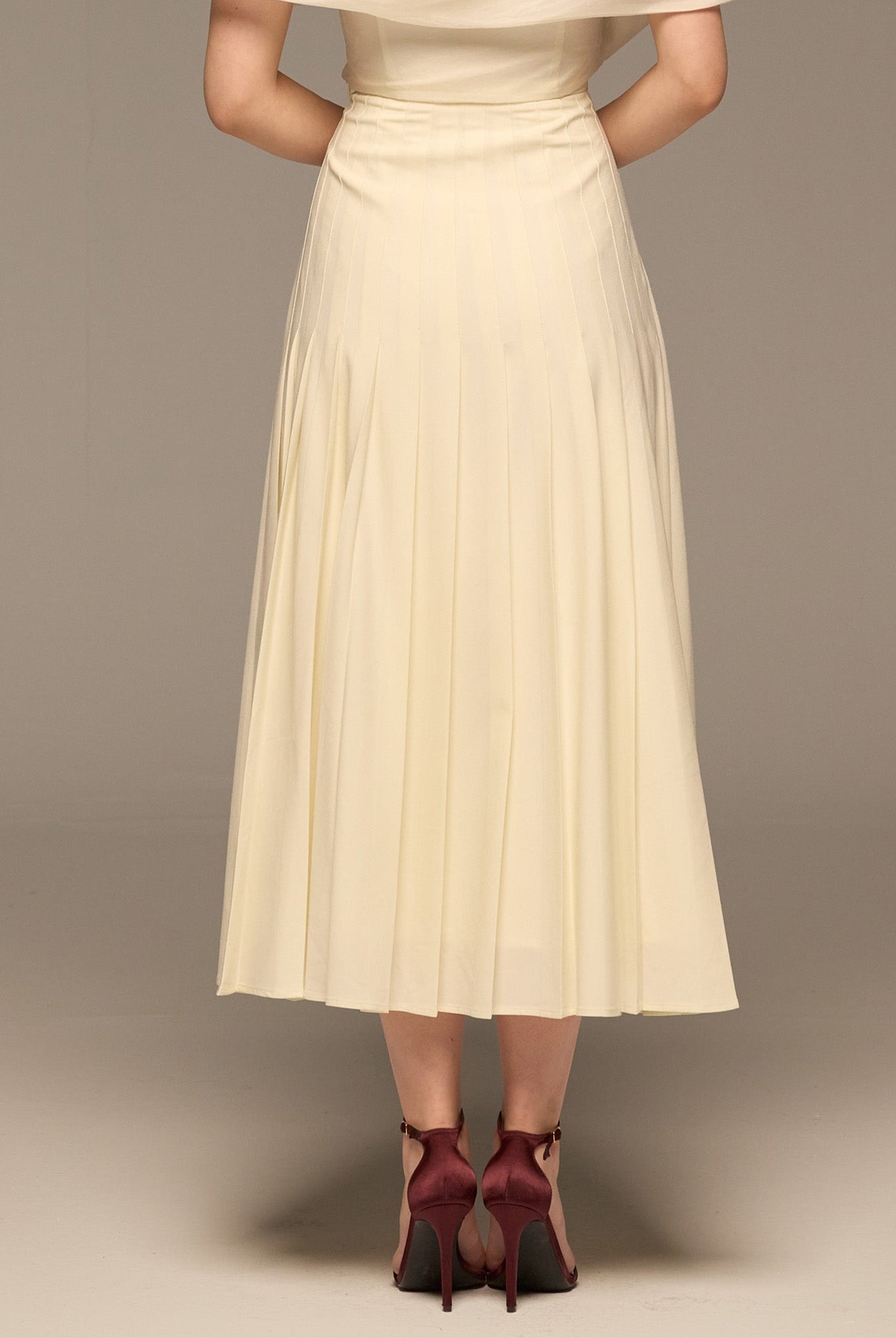 Ivory Pleated A Line Crepe Skirt - shopaleena