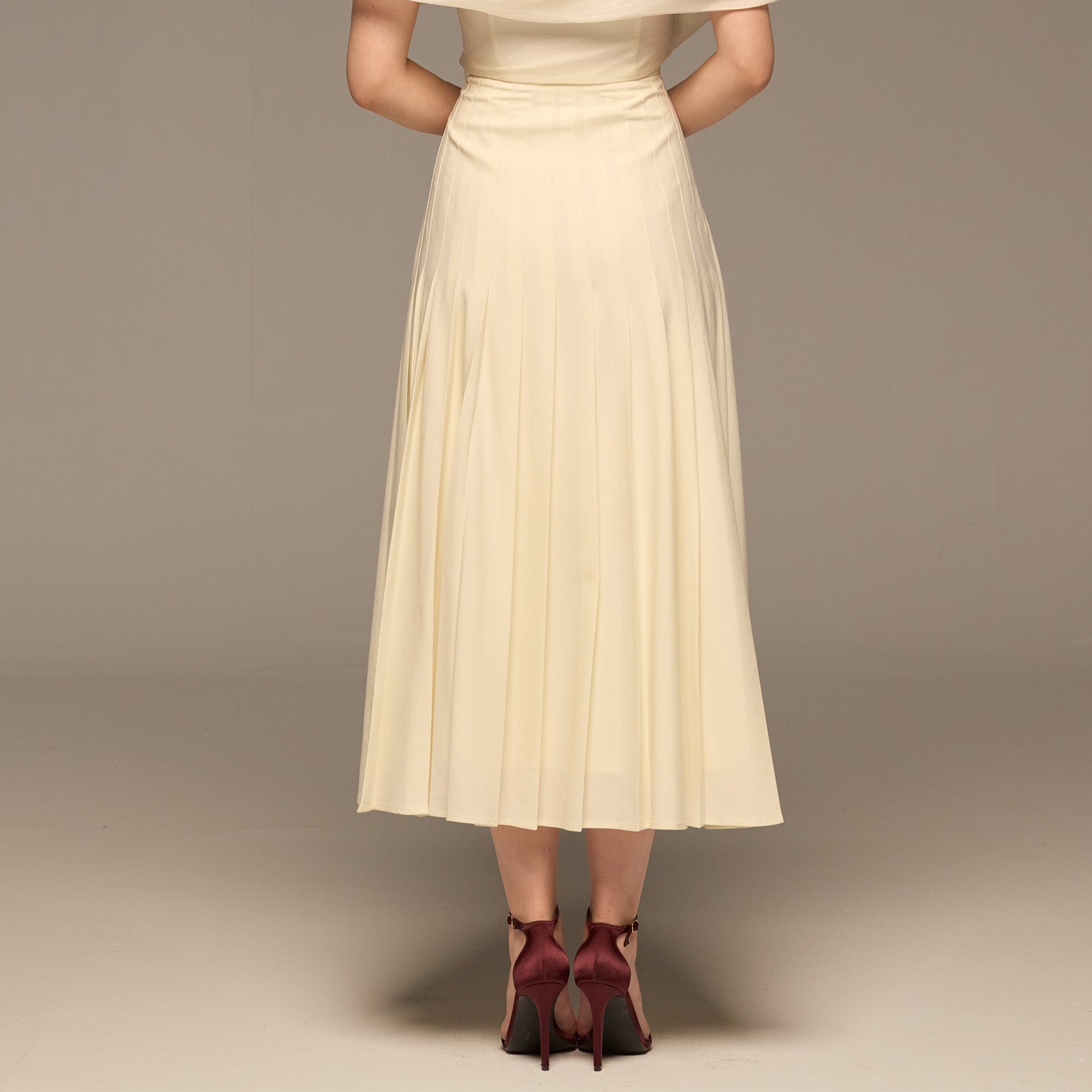 Ivory Pleated A Line Crepe Skirt - shopaleena