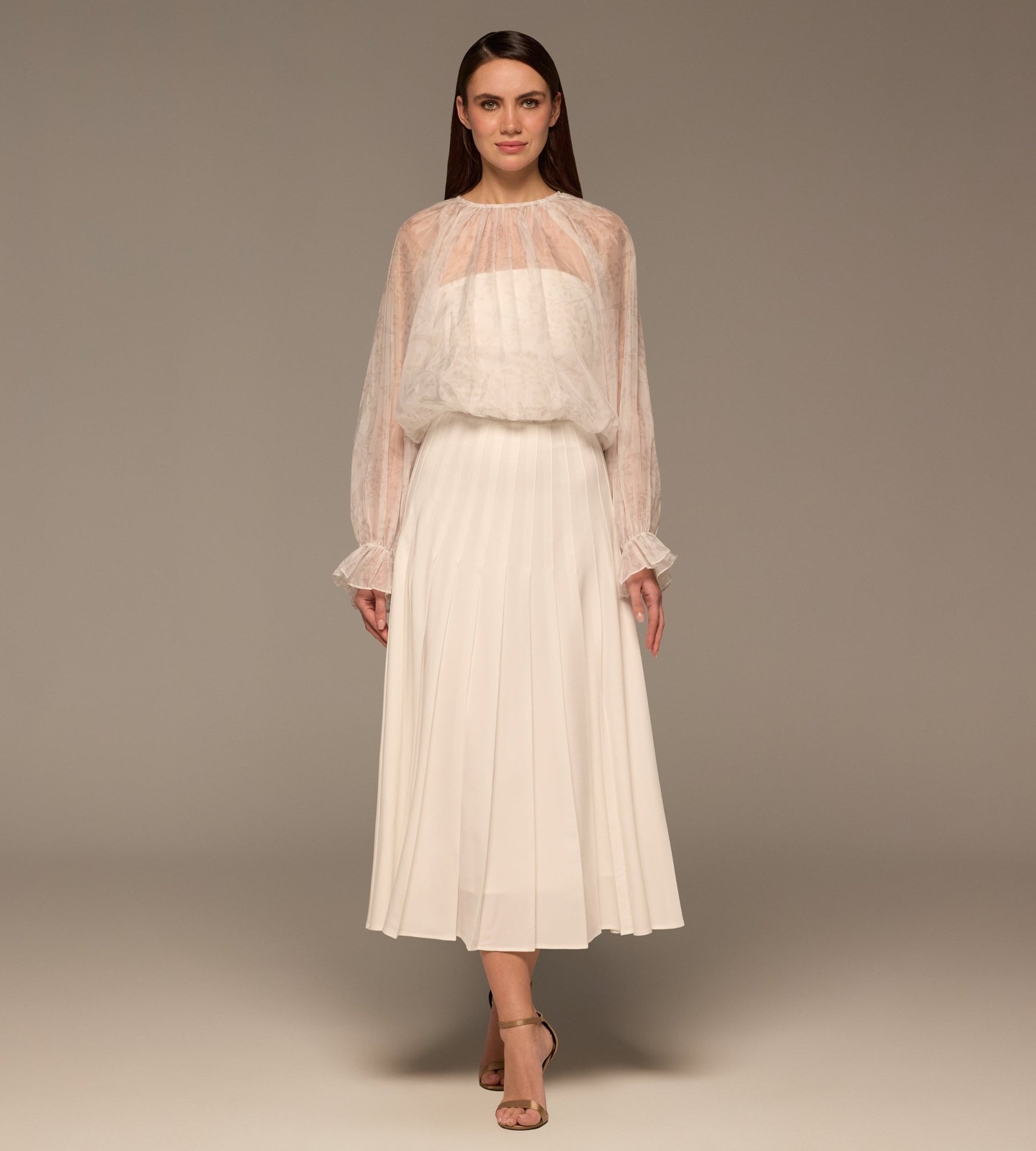 Ivory Pleated A Line Midi Skirt - shopaleena