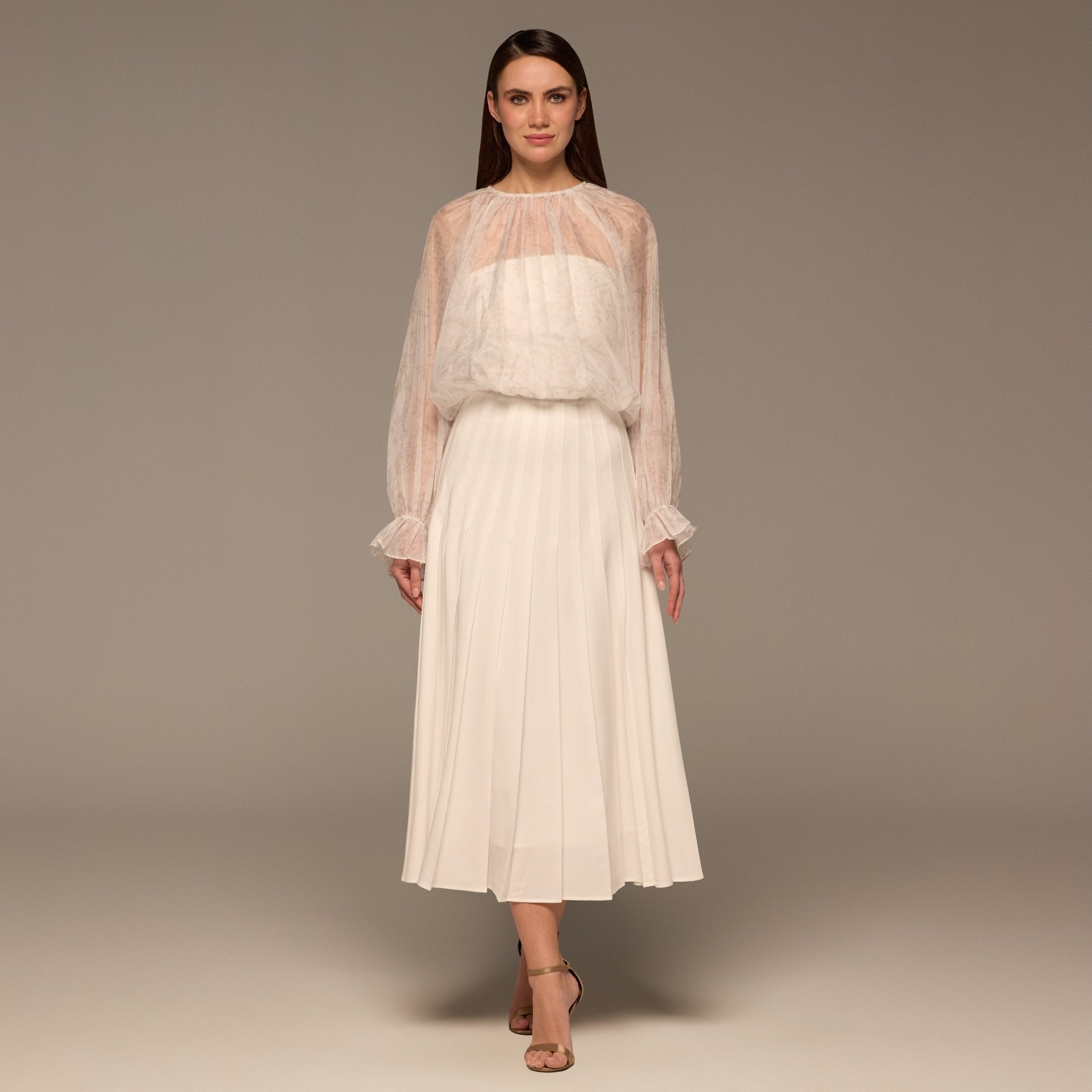 Ivory Pleated A Line Midi Skirt - shopaleena