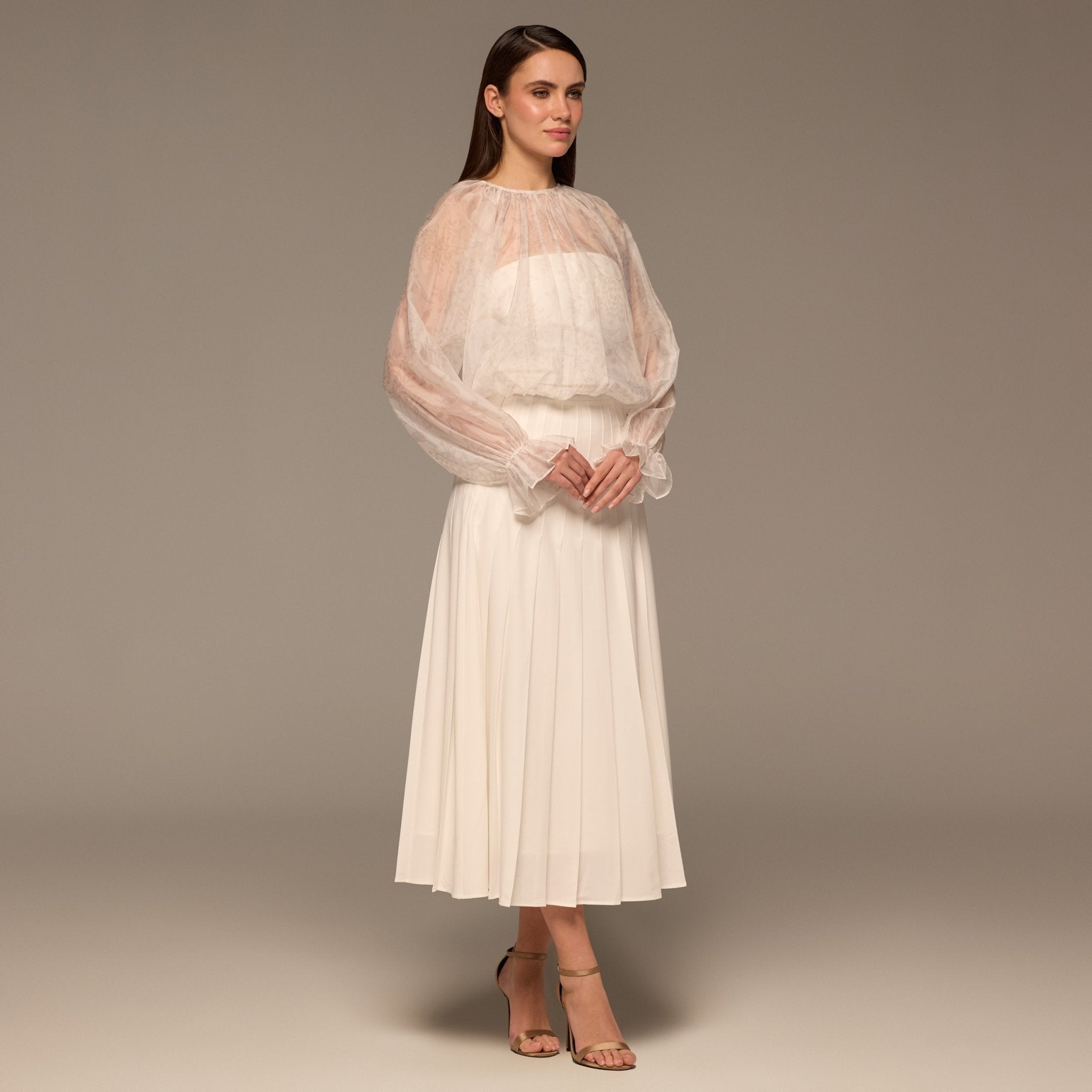 Ivory Pleated A Line Midi Skirt - shopaleena