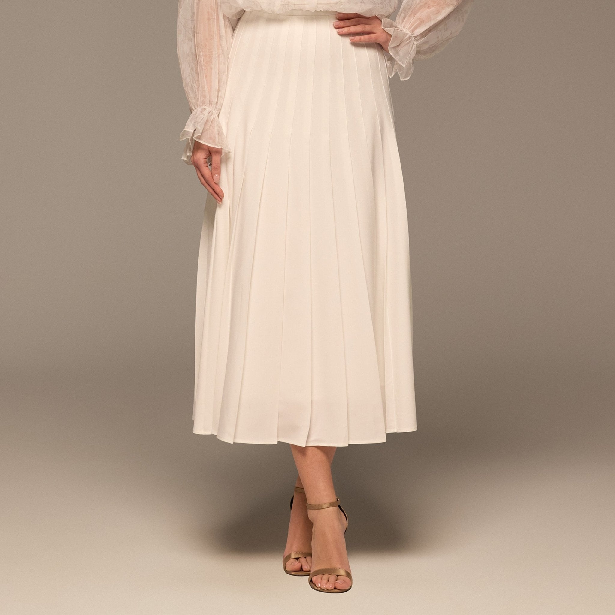 Ivory Pleated A Line Midi Skirt - shopaleena