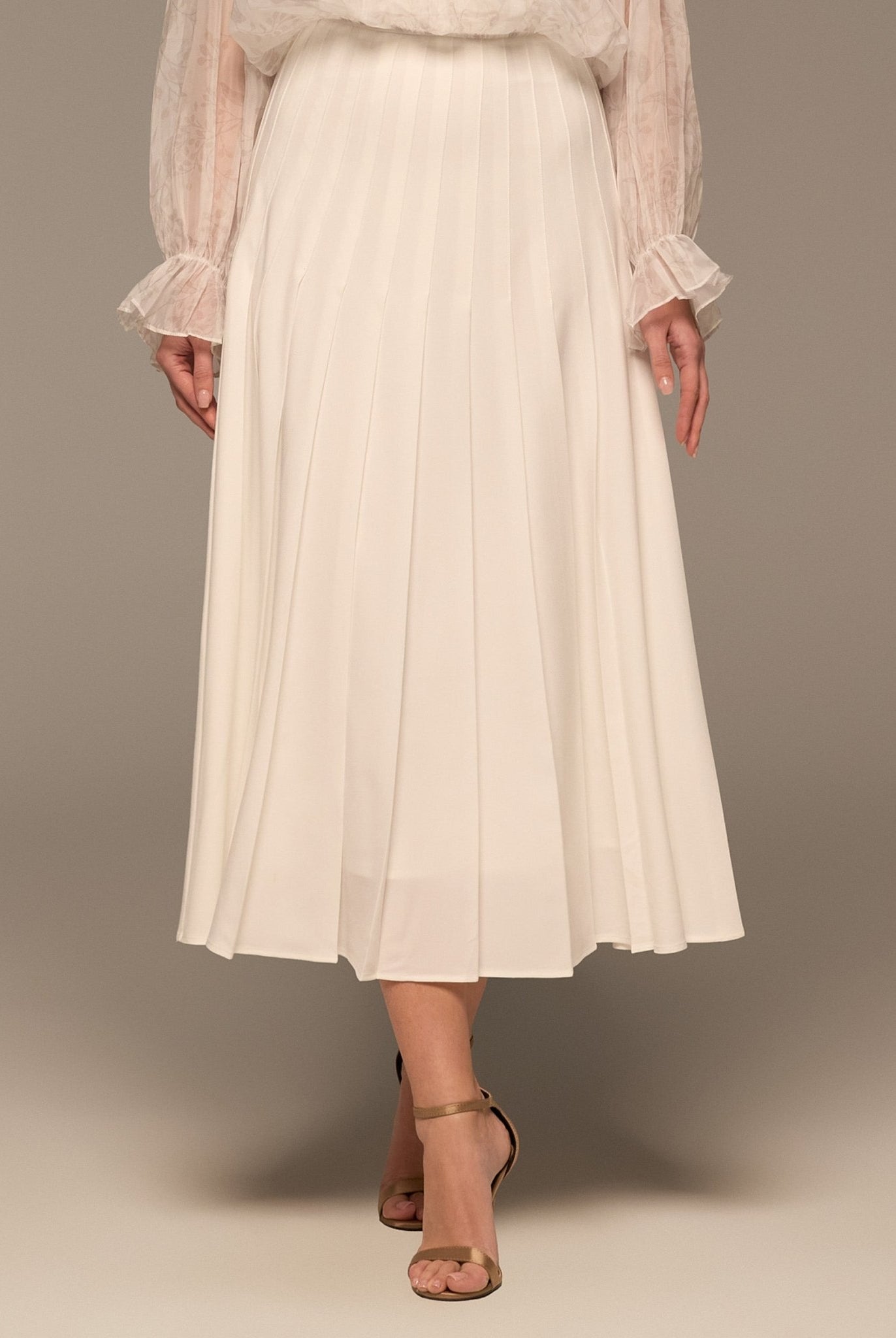 Ivory Pleated A Line Midi Skirt - shopaleena