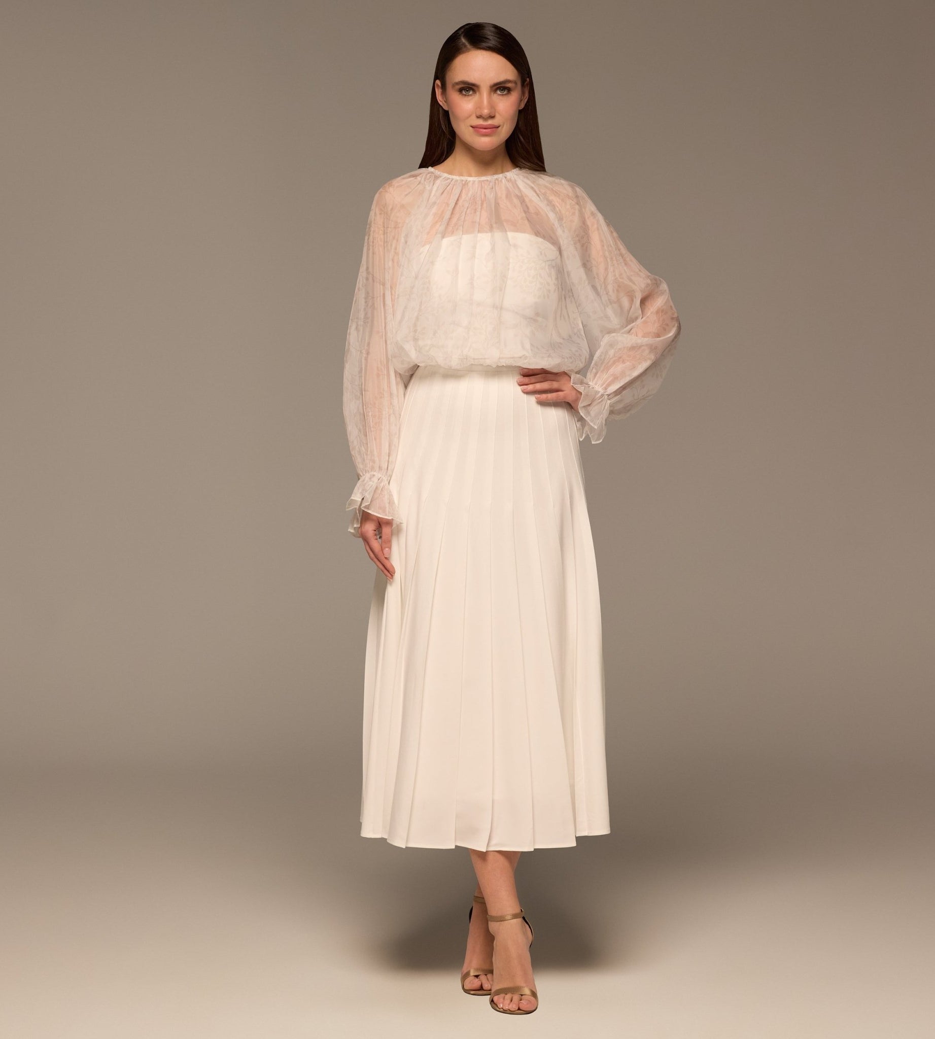 Ivory Pleated A Line Midi Skirt - shopaleena