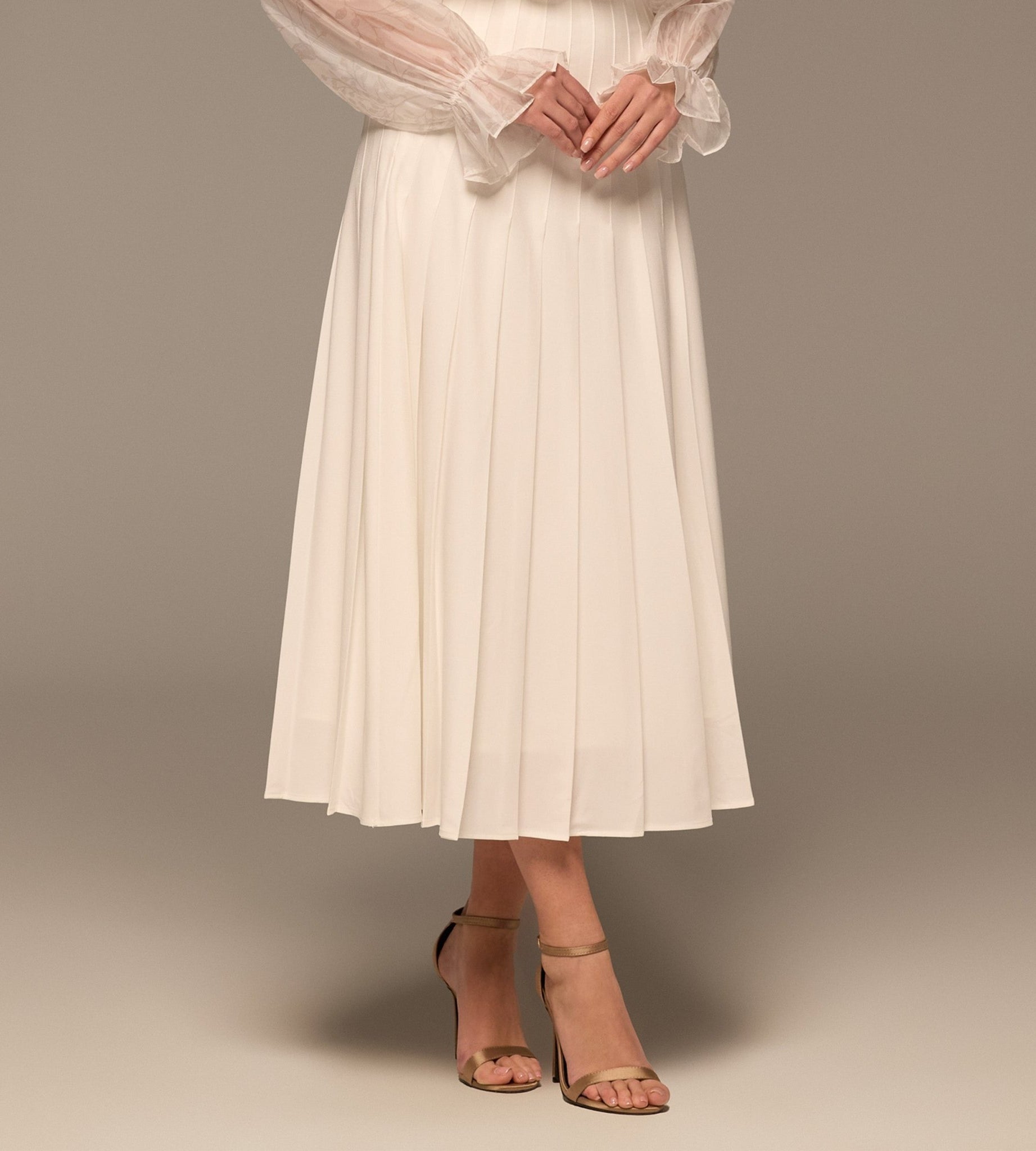 Ivory Pleated A Line Midi Skirt - shopaleena