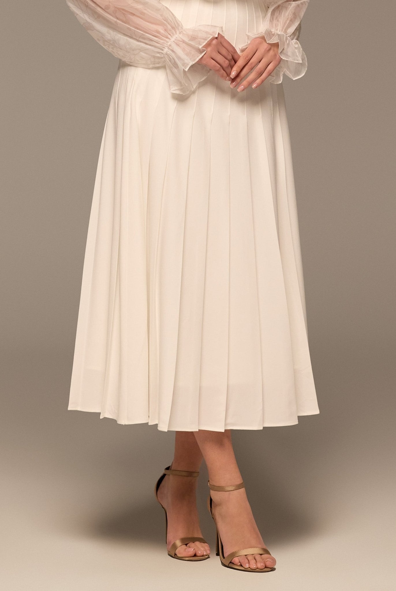 Ivory Pleated A Line Midi Skirt - shopaleena