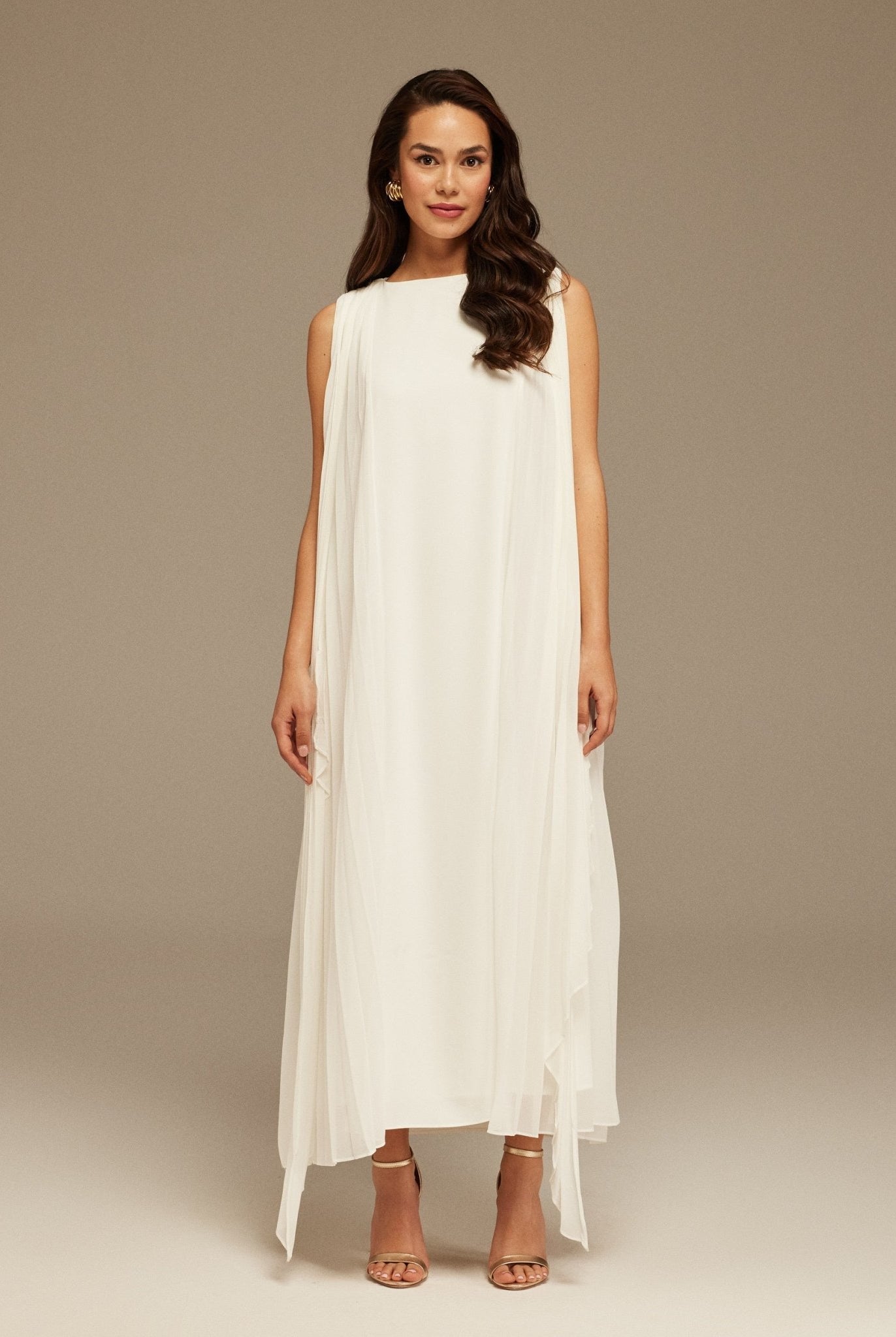 Ivory Pleated cape Sleeveless Crepe dress - shopaleena