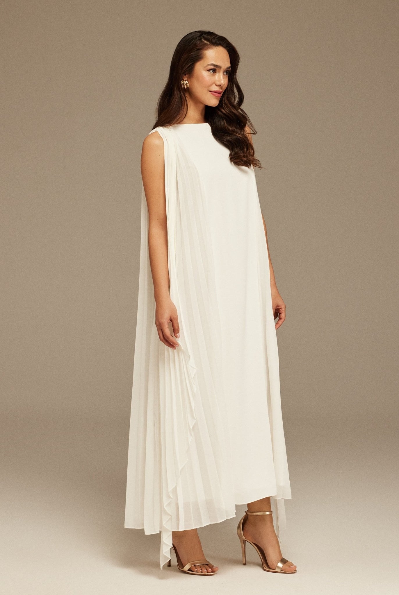 Ivory Pleated cape Sleeveless Crepe dress - shopaleena