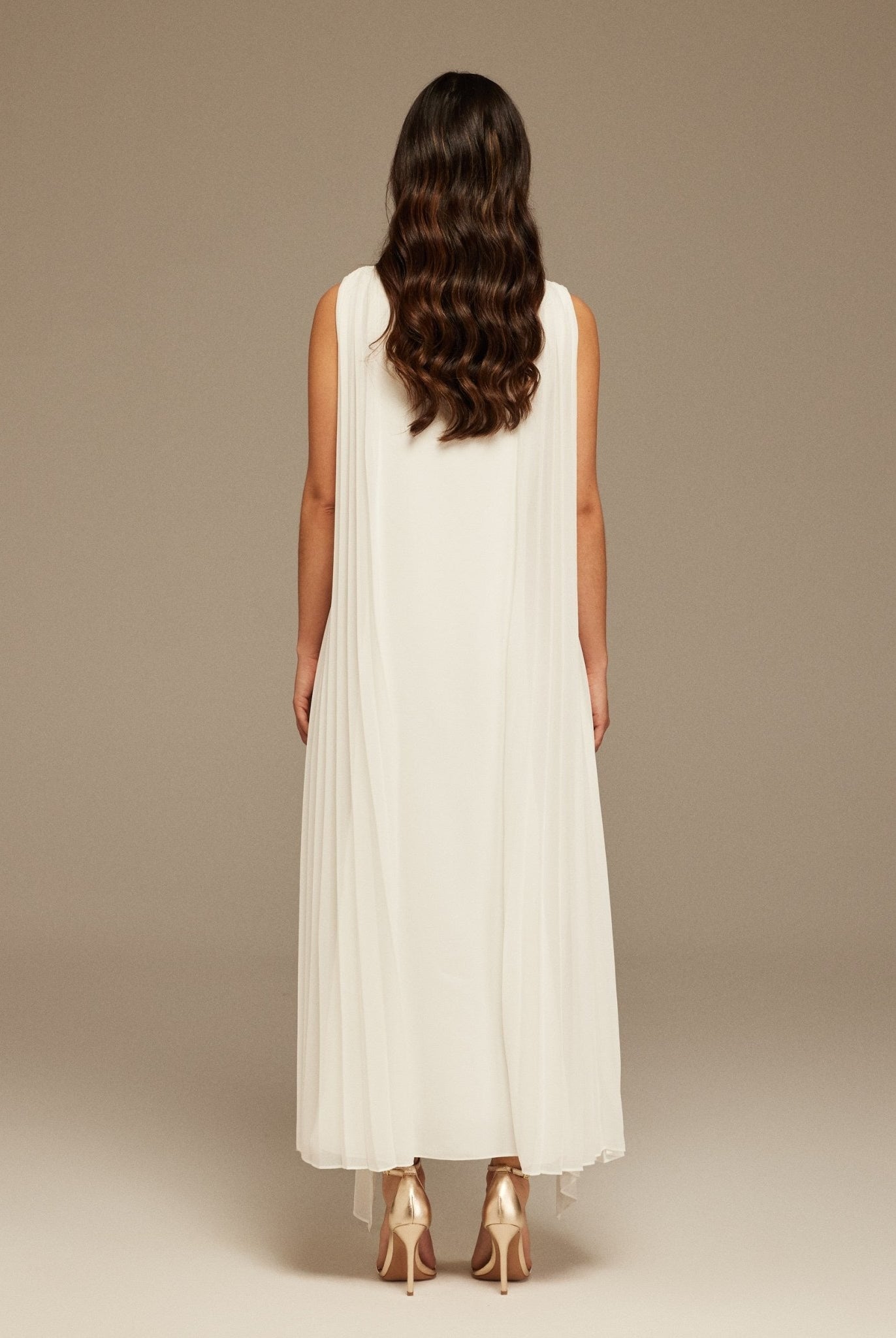 Ivory Pleated cape Sleeveless Crepe dress - shopaleena