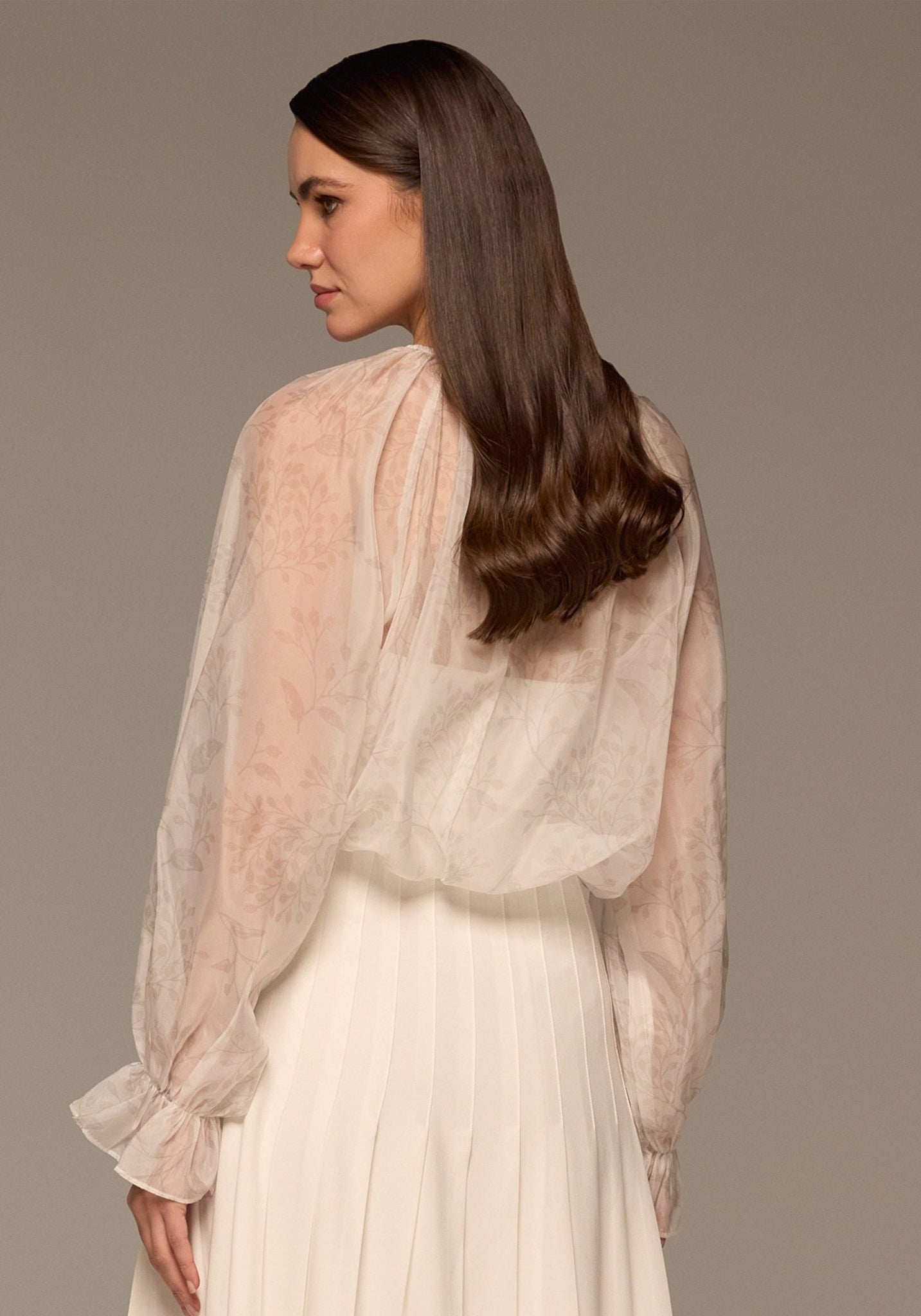 Ivory Printed Puff - Sleeve Organza Blouse - shopaleena