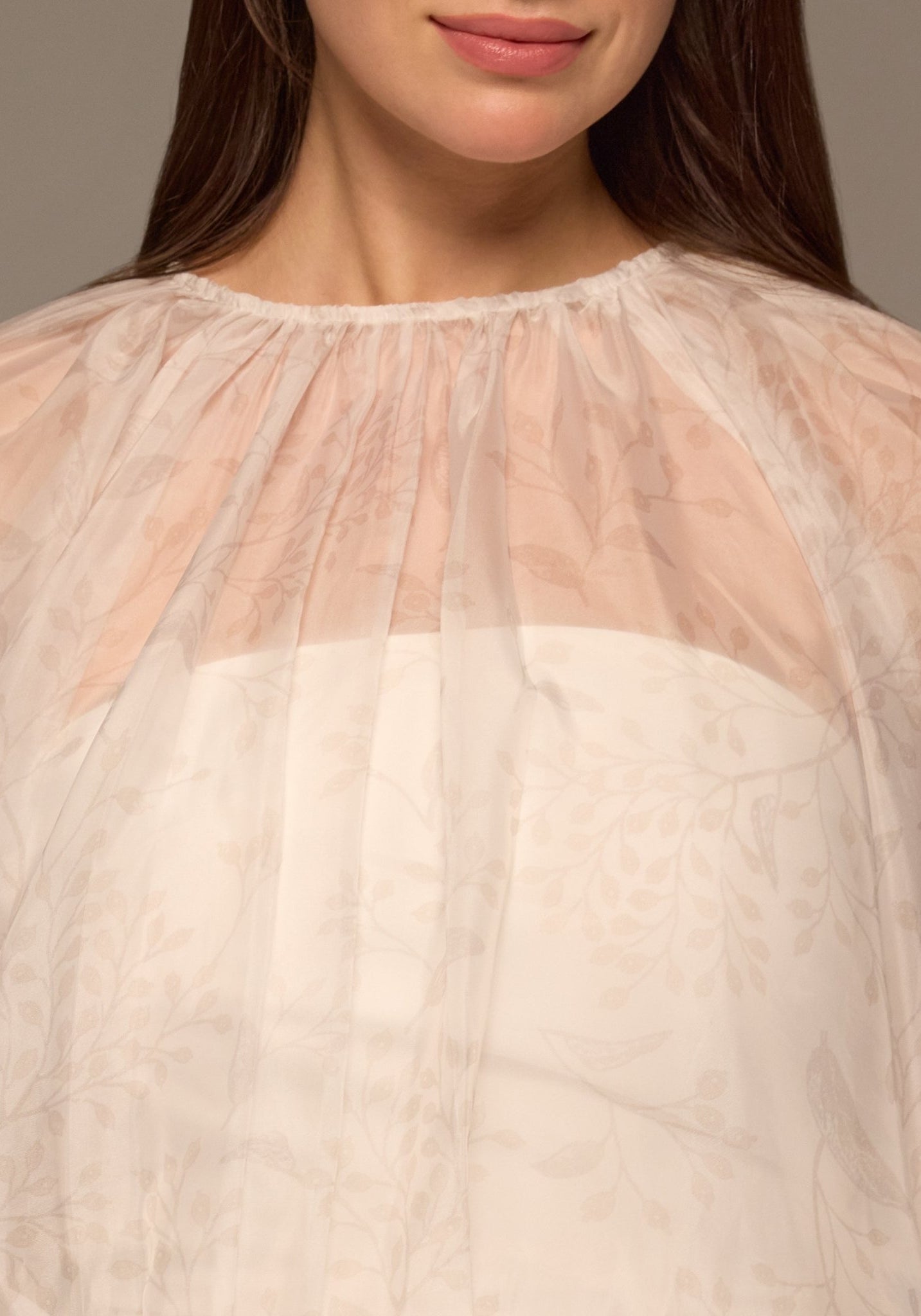 Ivory Printed Puff - Sleeve Organza Blouse - shopaleena