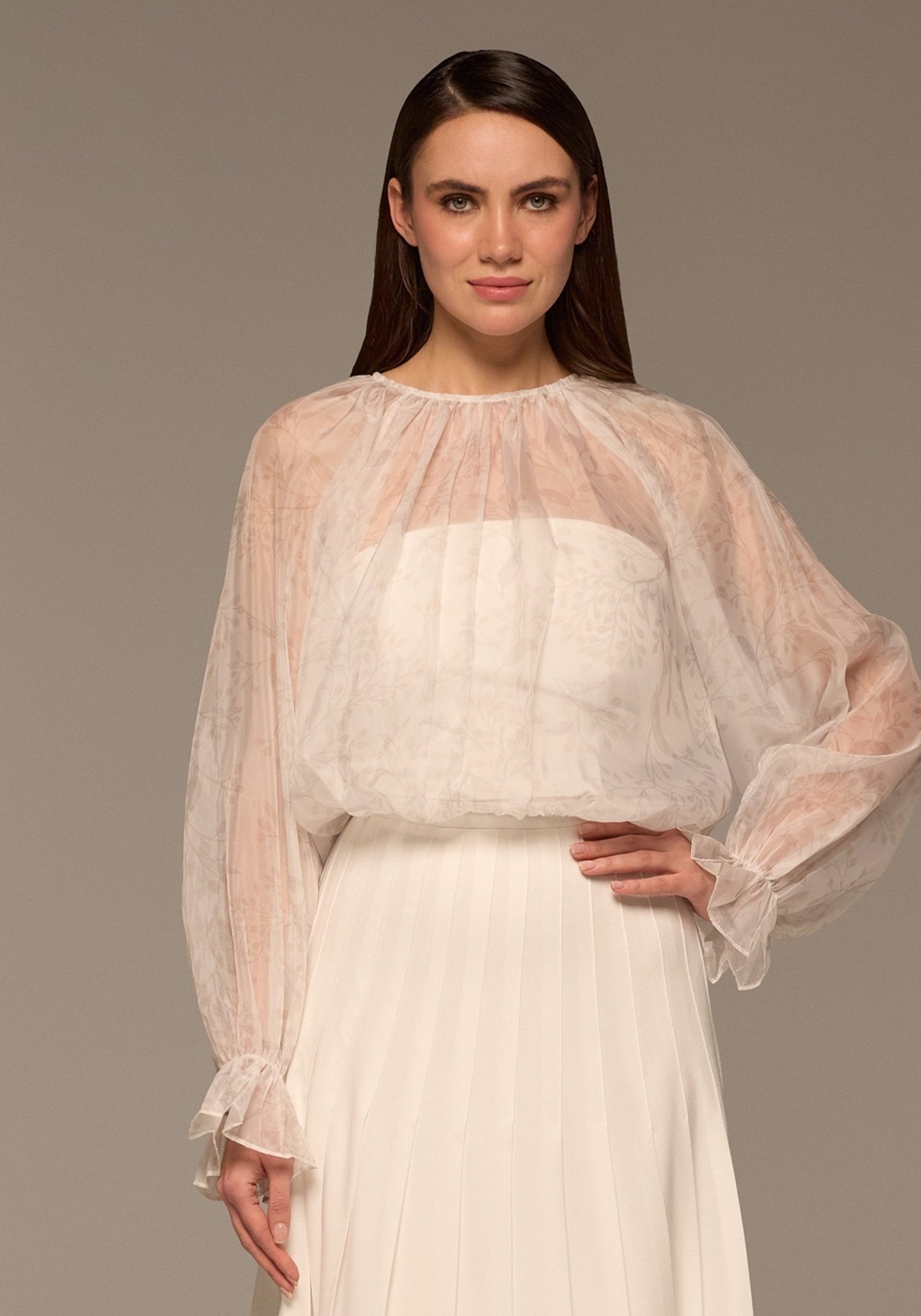 Ivory Printed Puff - Sleeve Organza Blouse - shopaleena