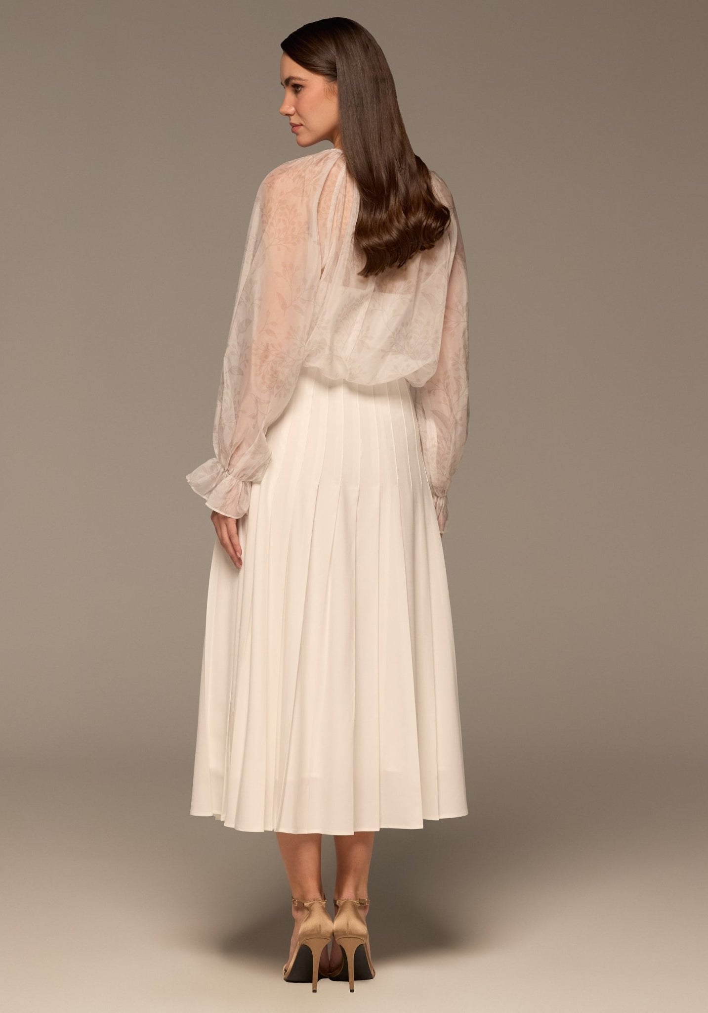 Ivory Printed Puff - Sleeve Organza Blouse - shopaleena