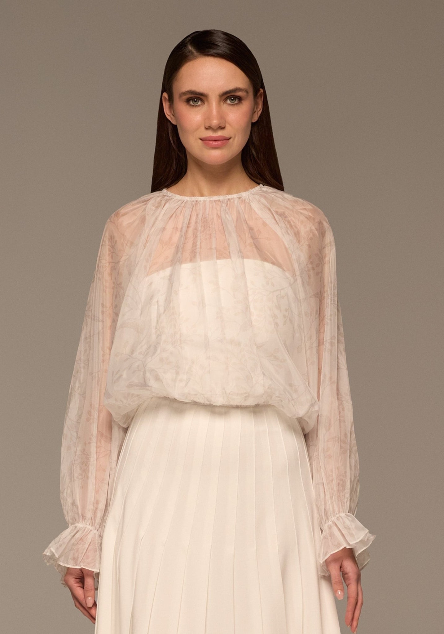 Ivory Printed Puff - Sleeve Organza Blouse - shopaleena