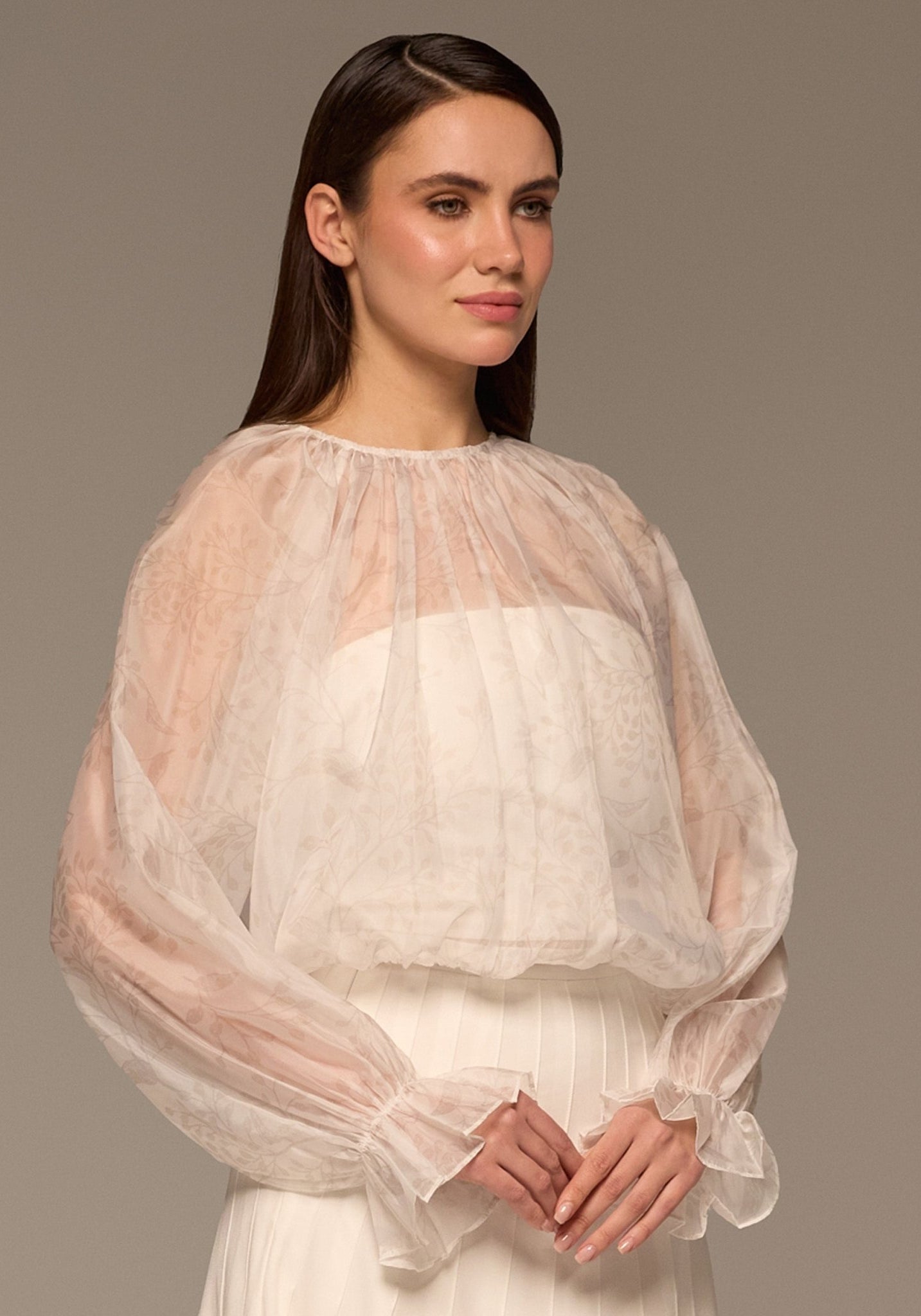 Ivory Printed Puff - Sleeve Organza Blouse - shopaleena