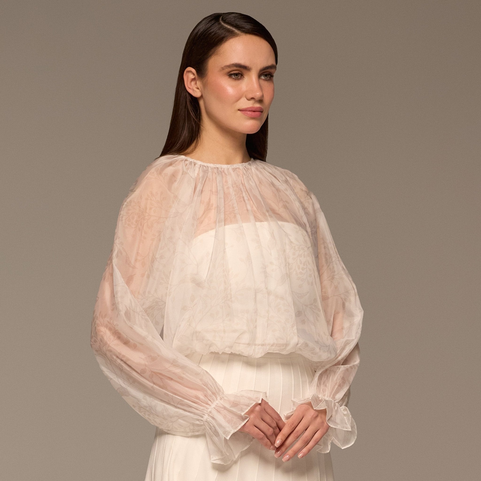 Ivory Printed Puff - Sleeve Organza Blouse - shopaleena