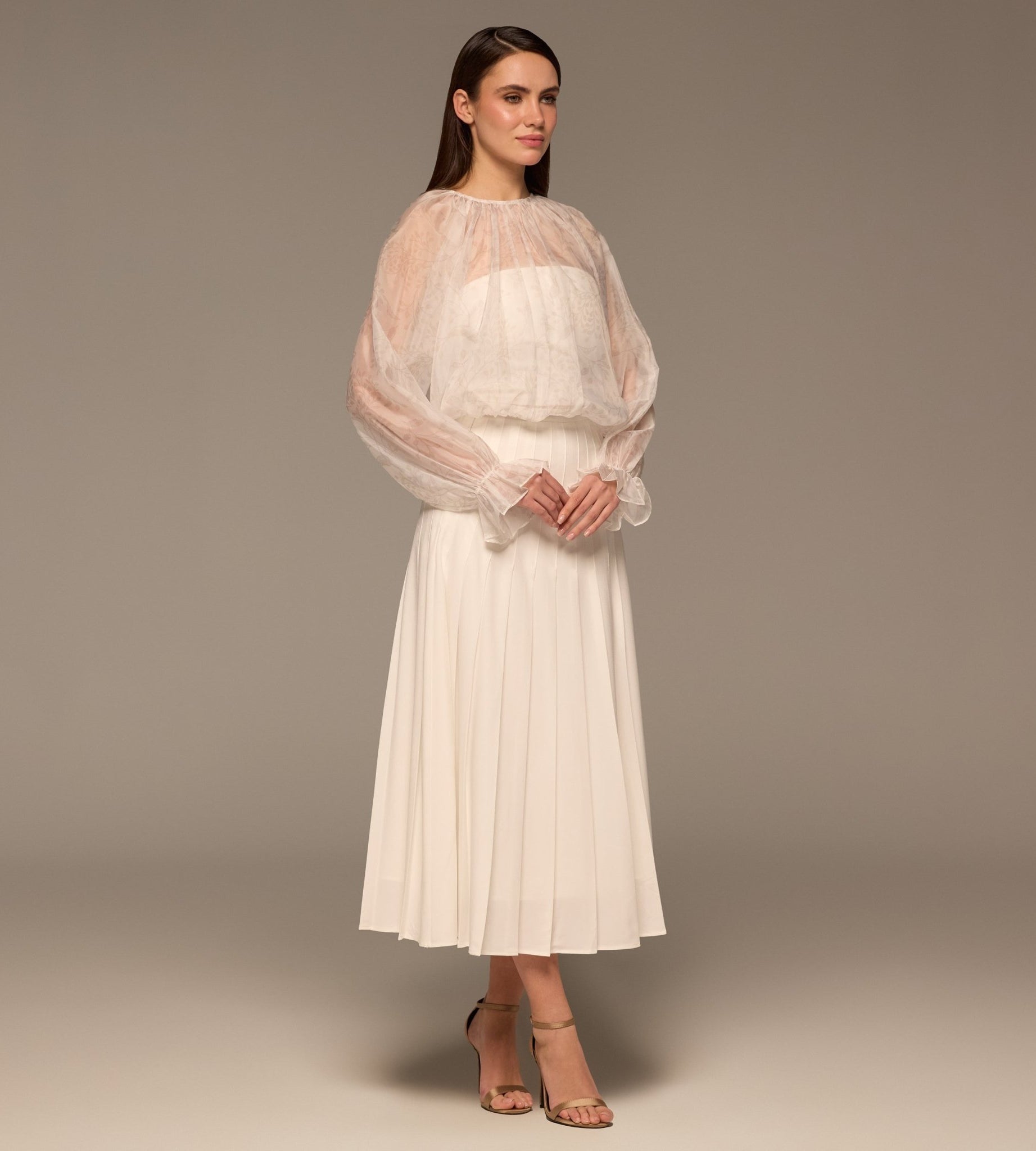 Ivory Printed Puff - Sleeve Organza Blouse - shopaleena