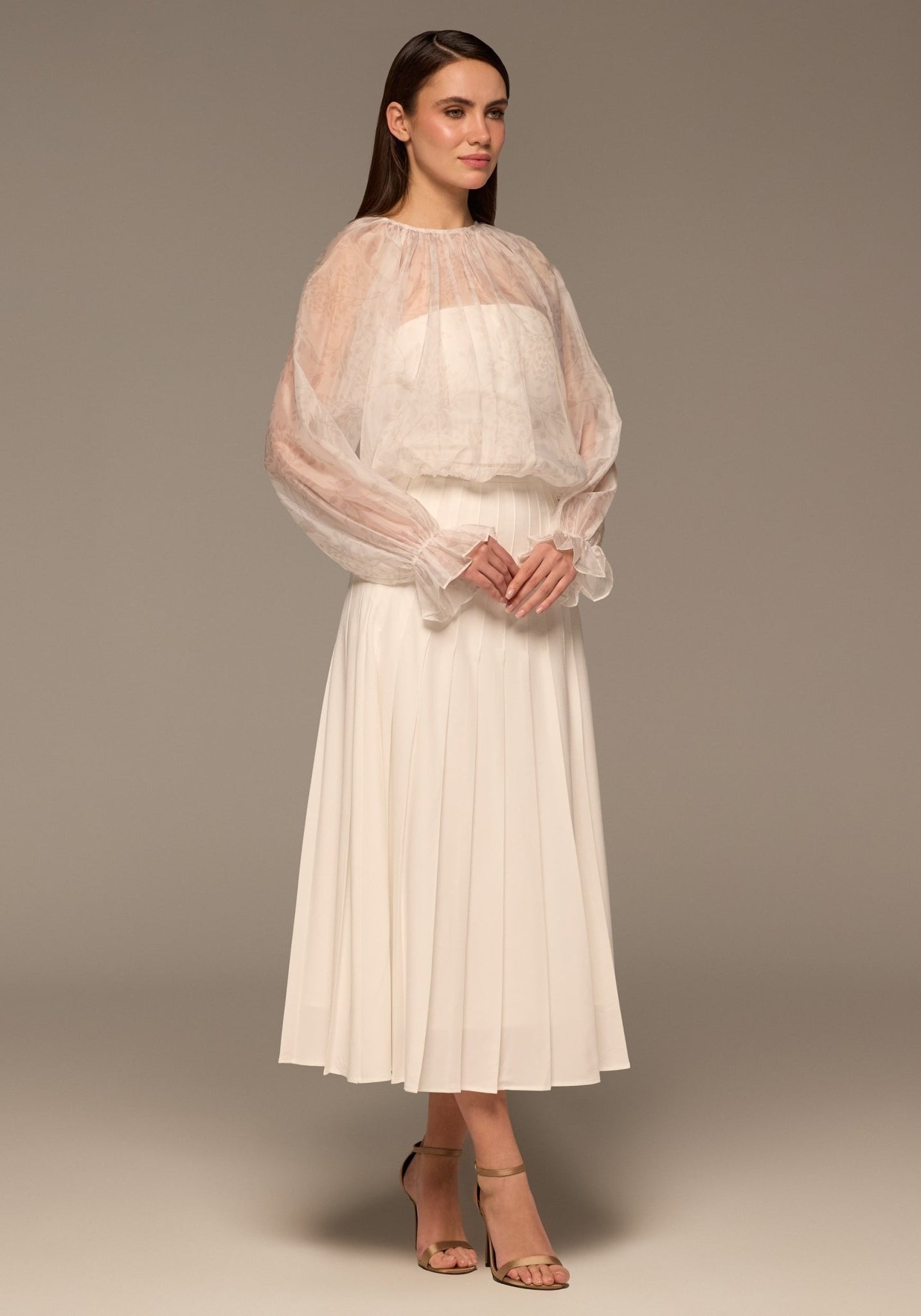 Ivory Printed Puff - Sleeve Organza Blouse - shopaleena