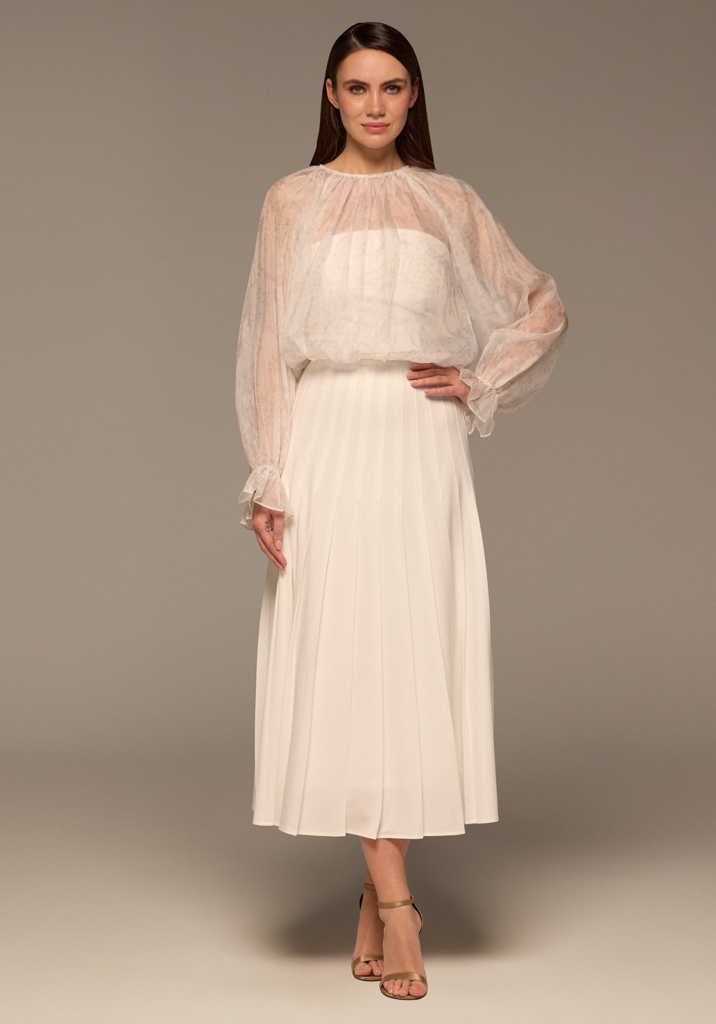 Ivory Printed Puff - Sleeve Organza Blouse - shopaleena
