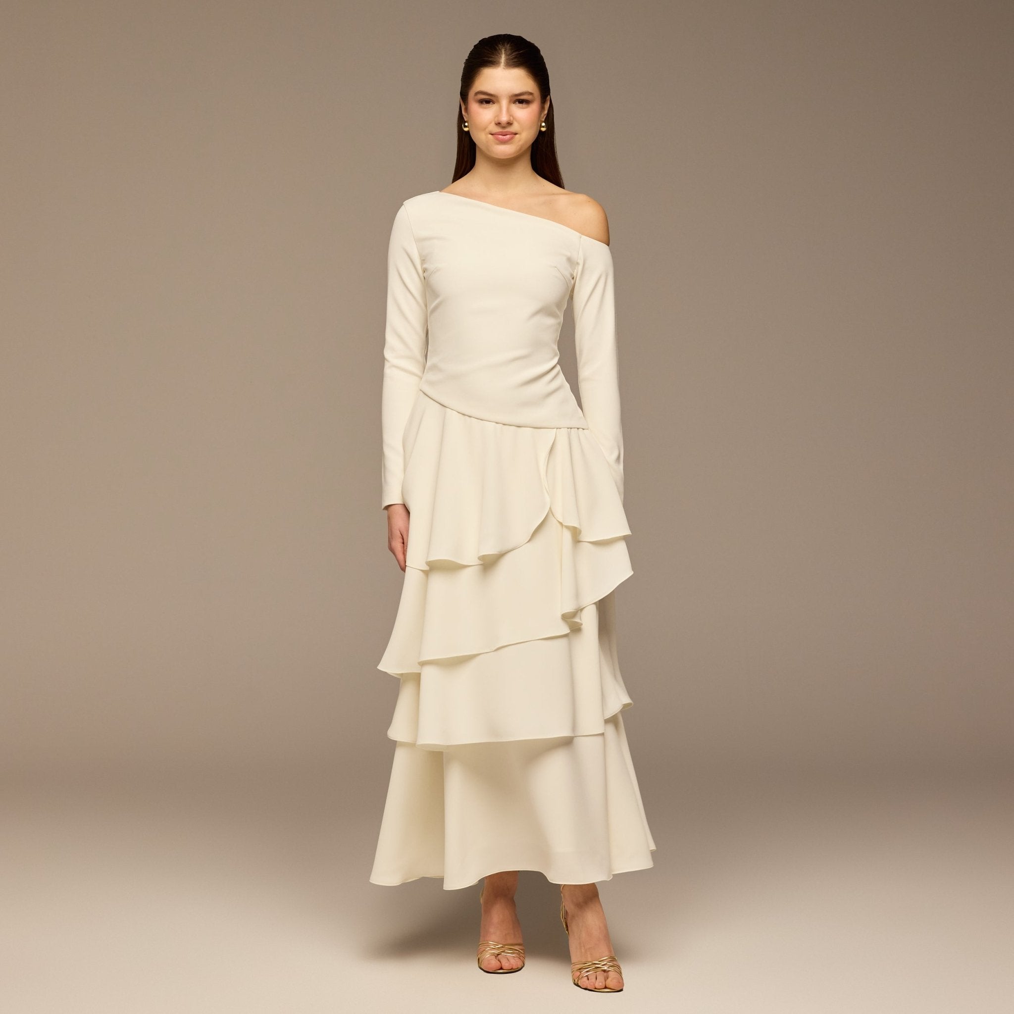 Ivory Ruched Long Sleeve Jersey Maxi Dress - shopaleena