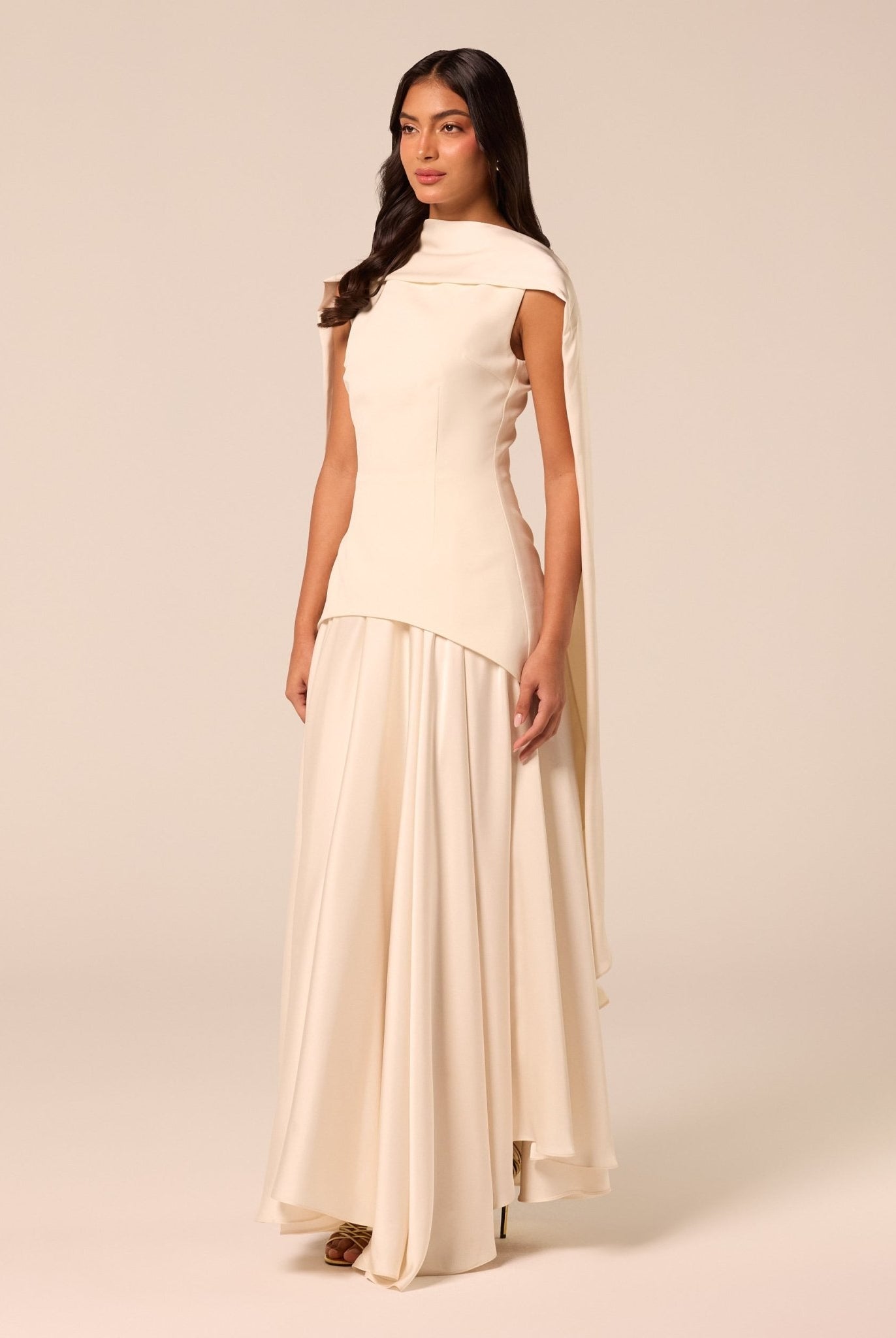 Ivory Satin & Crepe Maxi Dress with Back Scarf - shopaleena
