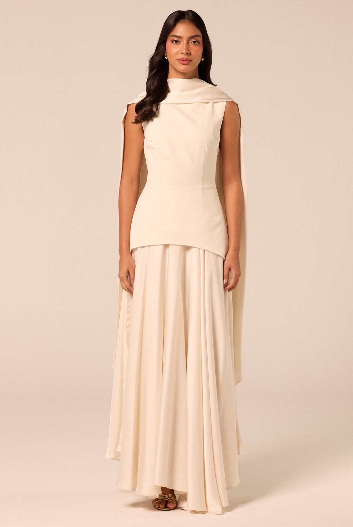Ivory Satin & Crepe Maxi Dress with Back Scarf - shopaleena