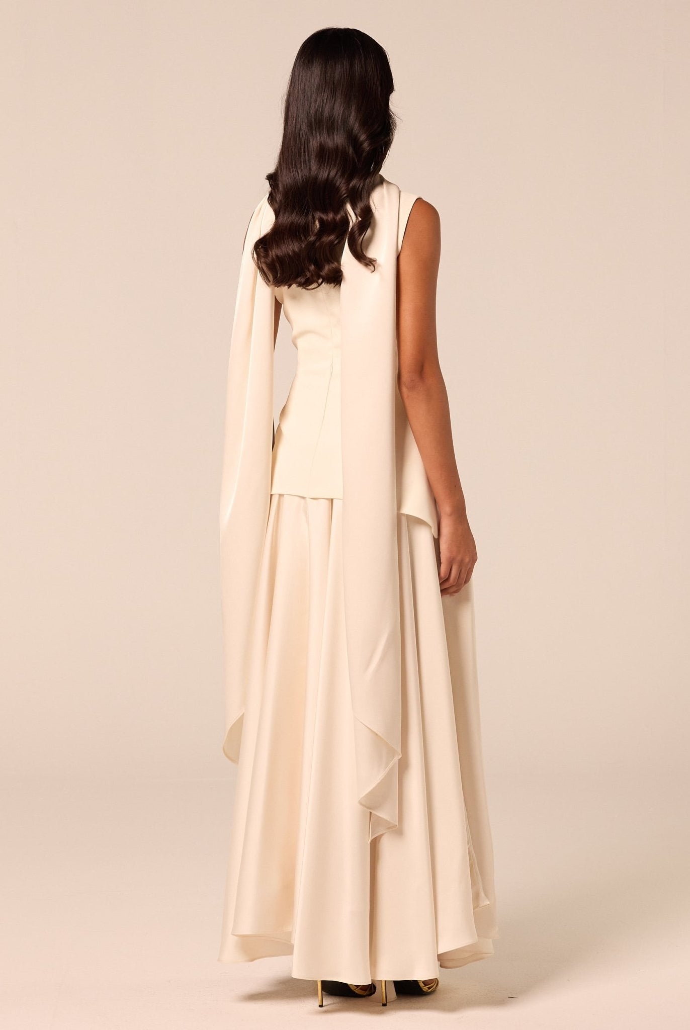 Ivory Satin & Crepe Maxi Dress with Back Scarf - shopaleena